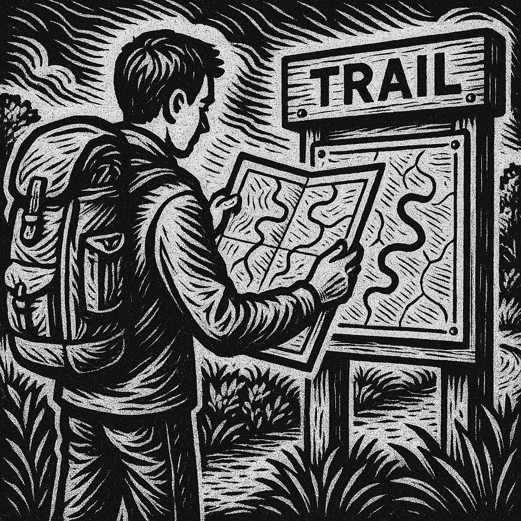 A hiker reading a trail map near a sign labeled 'Trail', surrounded by grass and shrubs, in a black and white illustration style.