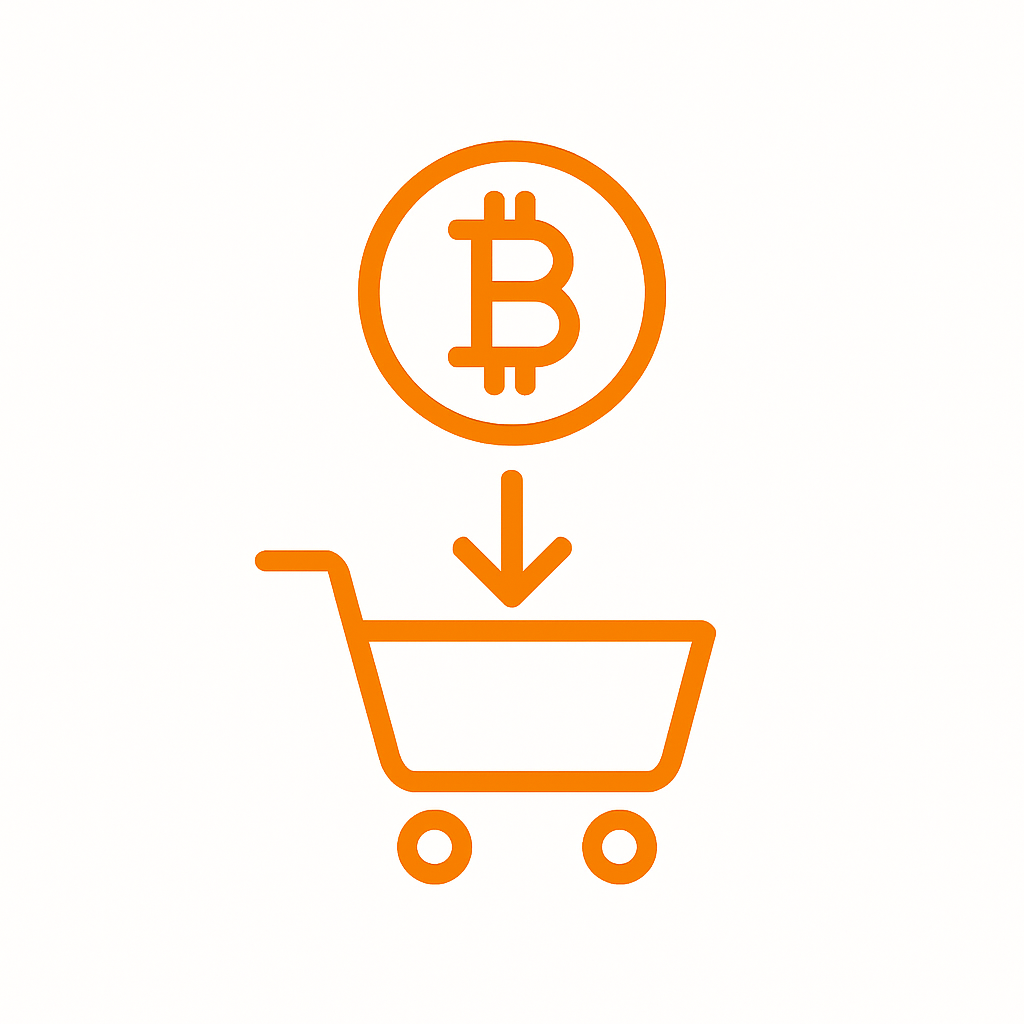 Icon of a Bitcoin symbol above a shopping cart with a downward arrow indicating cryptocurrency shopping.