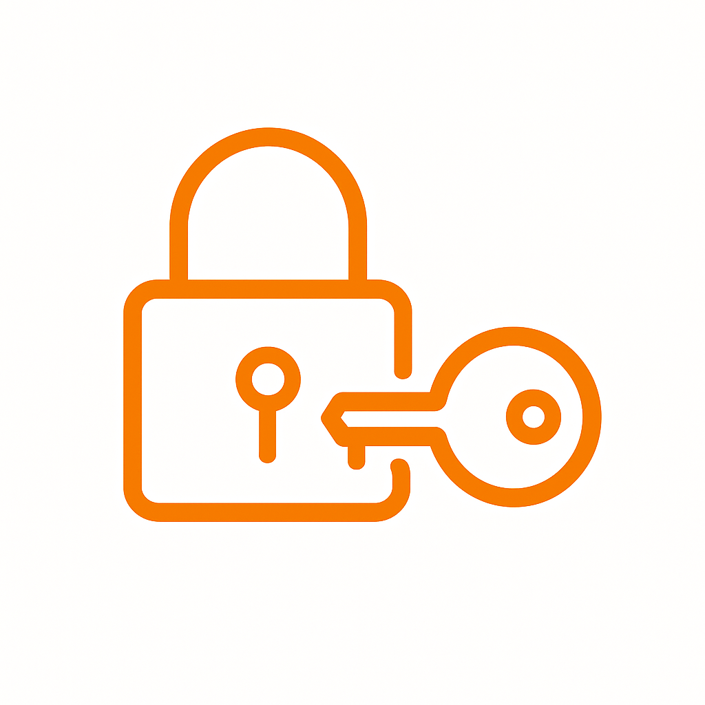 Cartoon illustration of an orange lock and a key.