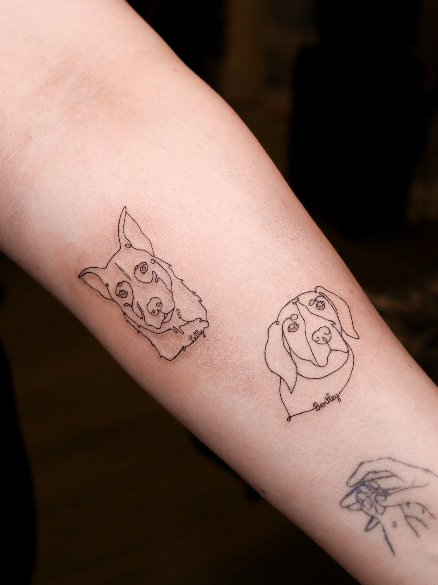 Because one pup tattoo wasn&rsquo;t enough 🐶🐶
Meet Bentley &amp; Letty, forever in linework ✨
Thank you so much Mireya for your trust! 🖤

(Some surrounding pieces are not my work!)

➻ ➻ ➻ ➻
✶ Done at @levelupstu.dio | 📍Tacoma, WA
✶ AUGUST - SEPTE