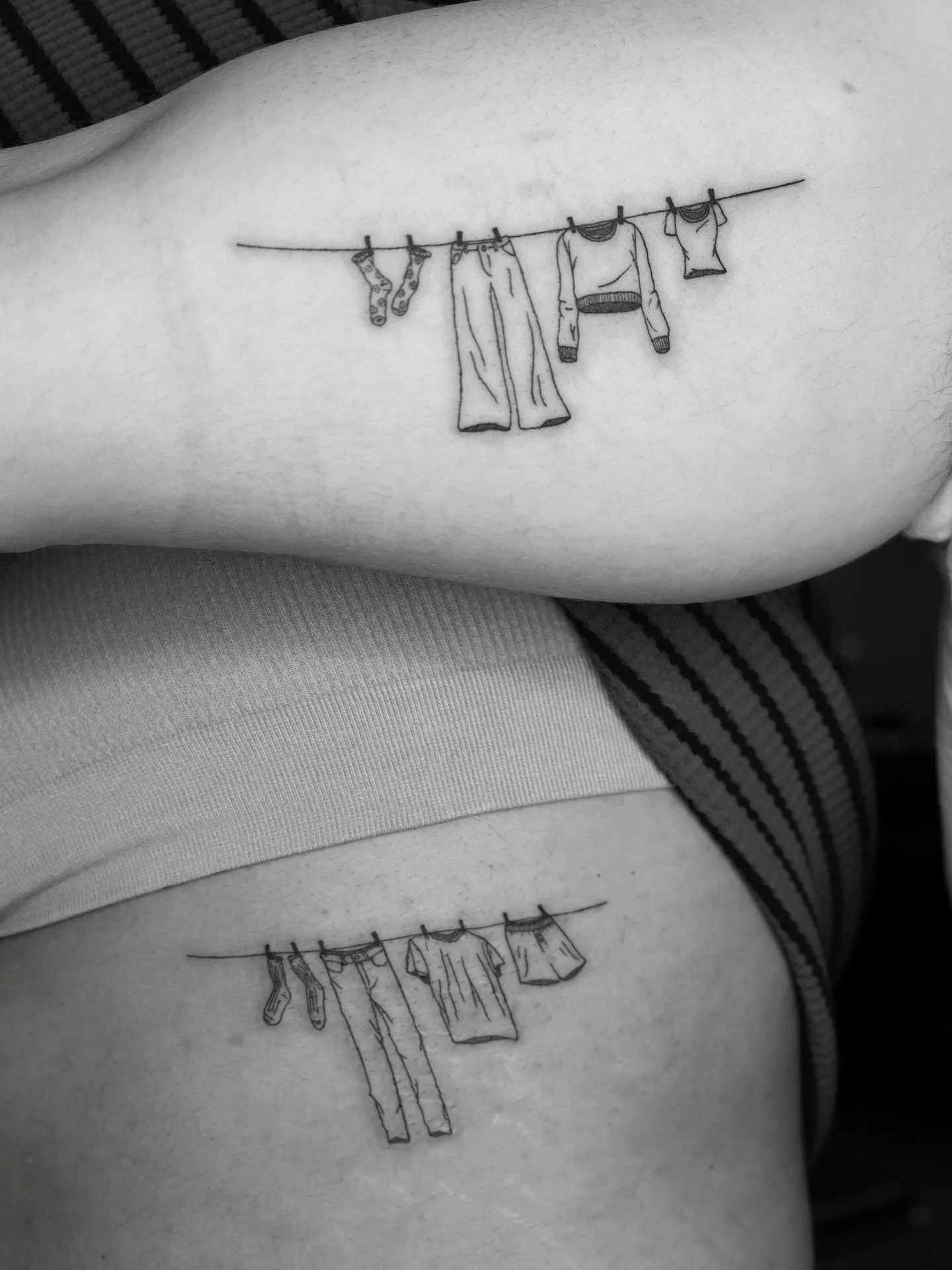 Their actual outfits&hellip; but make it a matching tattoo 🥹🫶🏼 They had me design a tiny customized clothing line with the pieces they casually wear. I&rsquo;m obsessed with this idea! Thank you so much Lina &amp; Nicholas!

➻ ➻ ➻ ➻
✶ Done at Leve