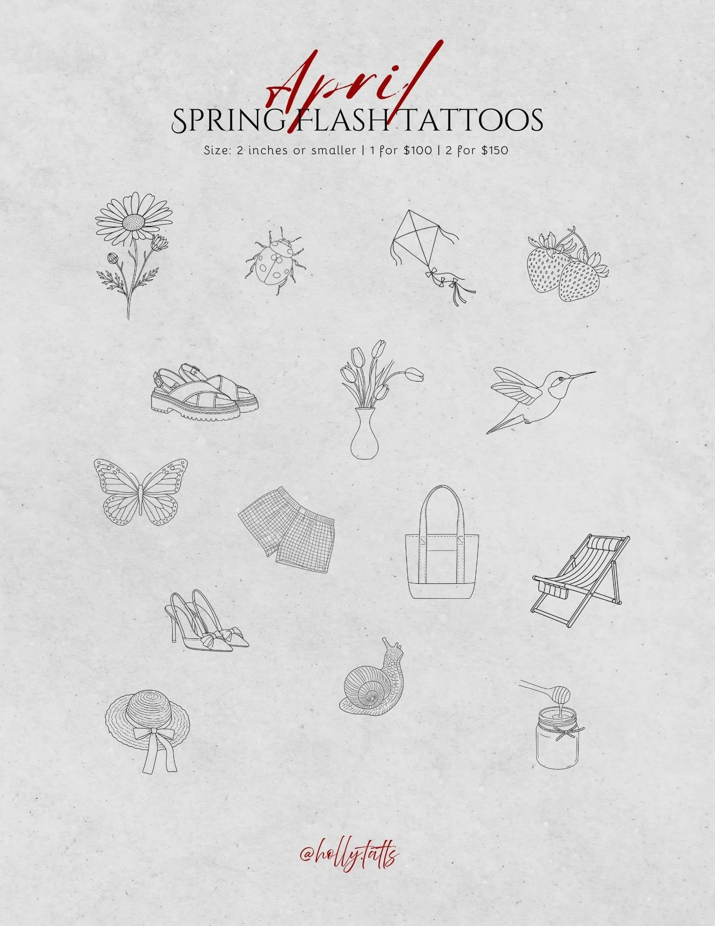 SPRING FLASH TATTOOS! 🌷🌿🌼🌱
I haven&rsquo;t done flash tattoos since my apprenticeship lol, so I&rsquo;m starting with some simple, classic designs with a spring theme.

Also opening a few microrealism spring pieces 🪿 as I really want to focus on
