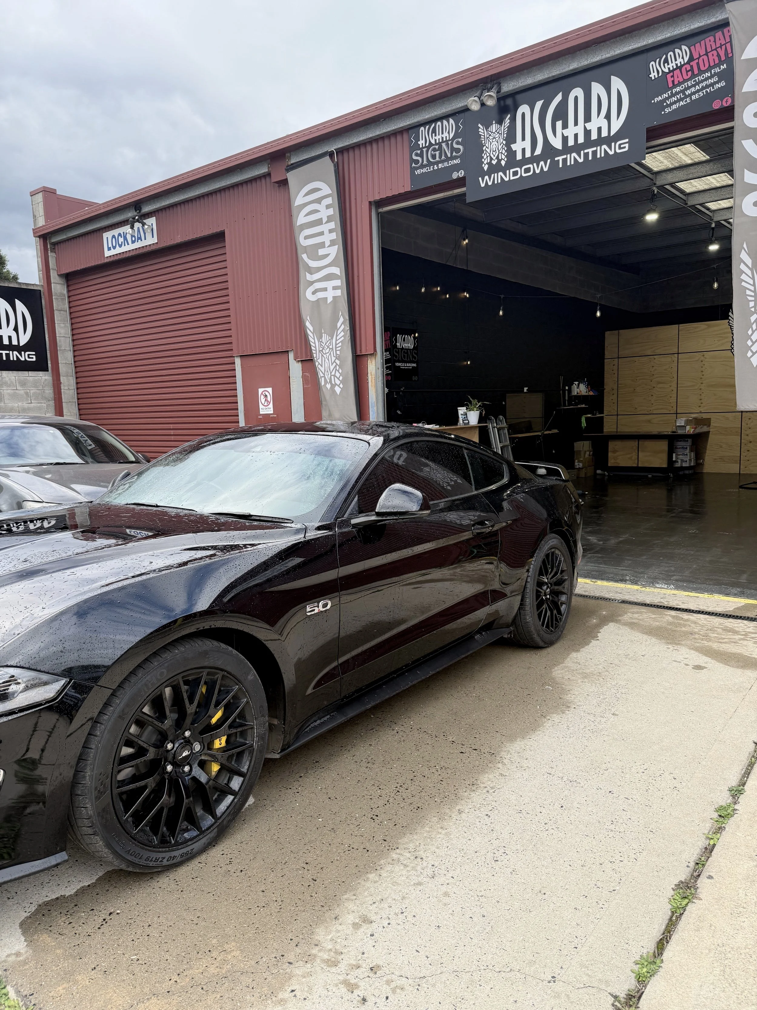 Asgard Window Tinting workshop Pambula with a mustang at the workshop with black tint.