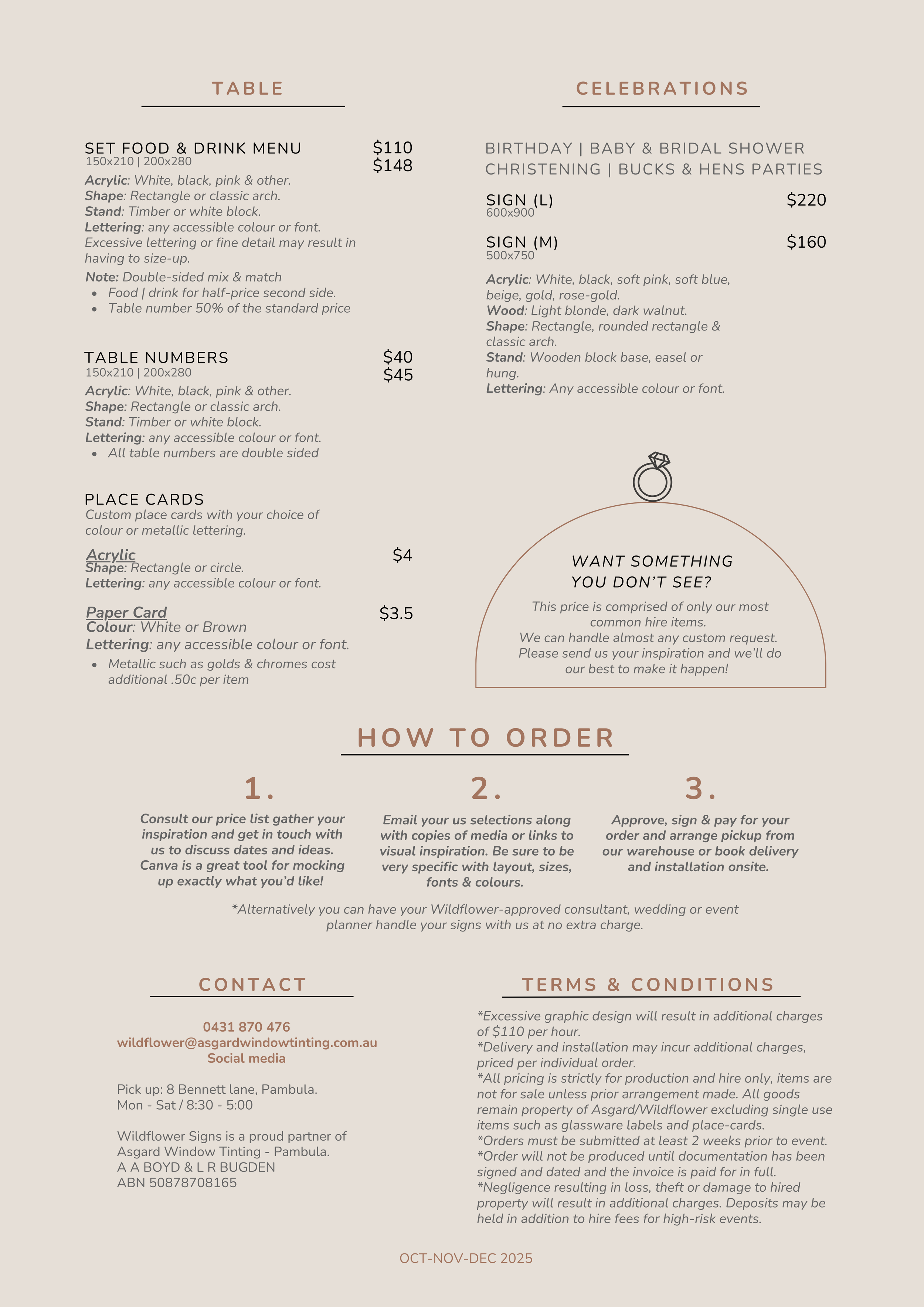 A printed wedding or event signage menu with sections for table and celebration options, prices, and ordering instructions in a minimalist style.