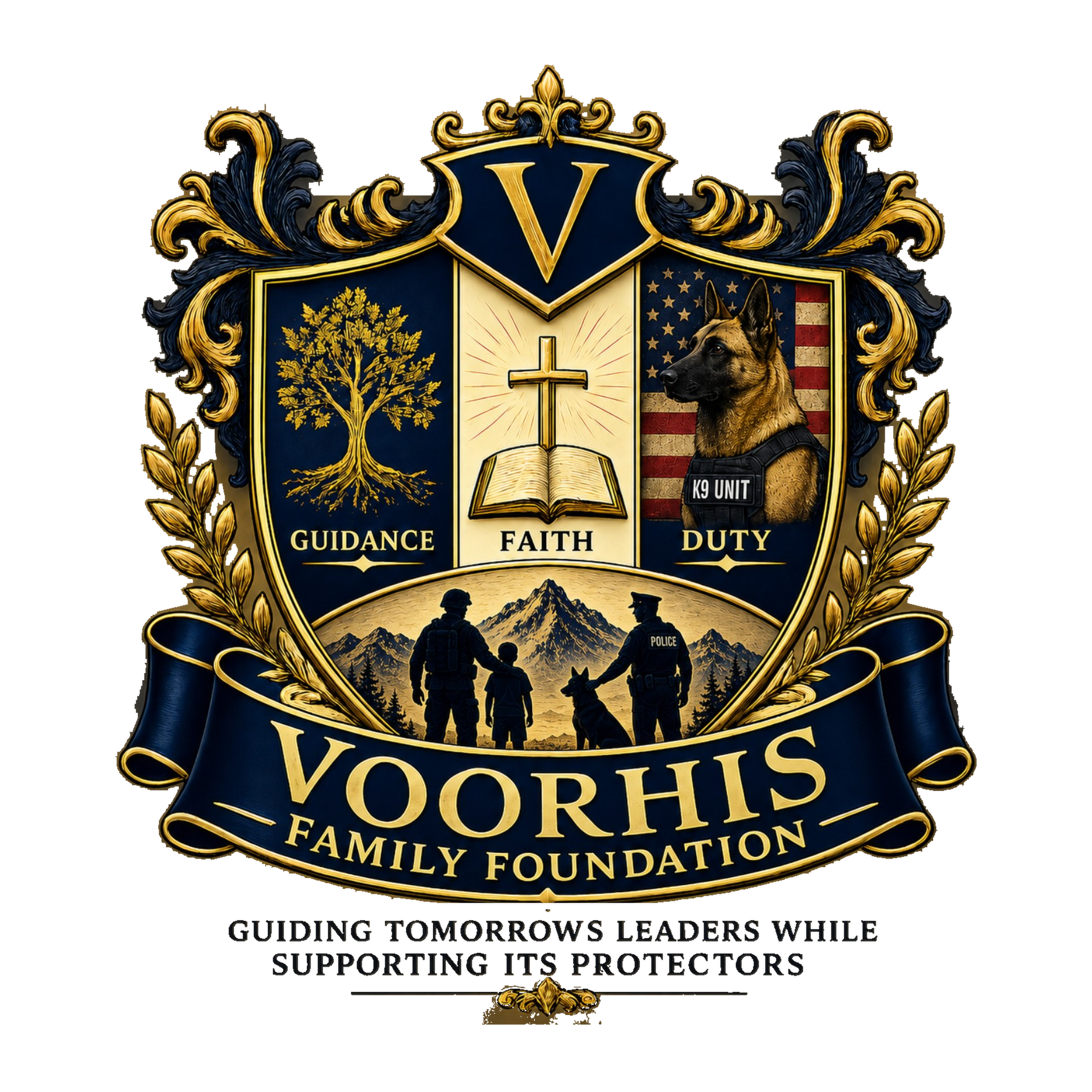 A detailed crest with gold and navy blue features. The crest includes a shield with religious and patriotic symbols, a large V with a cross, an open book, a tree, mountains, and silhouettes of police officers and a K9 unit dog. The crest is decorated with ornate gold scrollwork and laurels. Text at the bottom reads 'FAMILY, EDUCATION, OPERATION'.