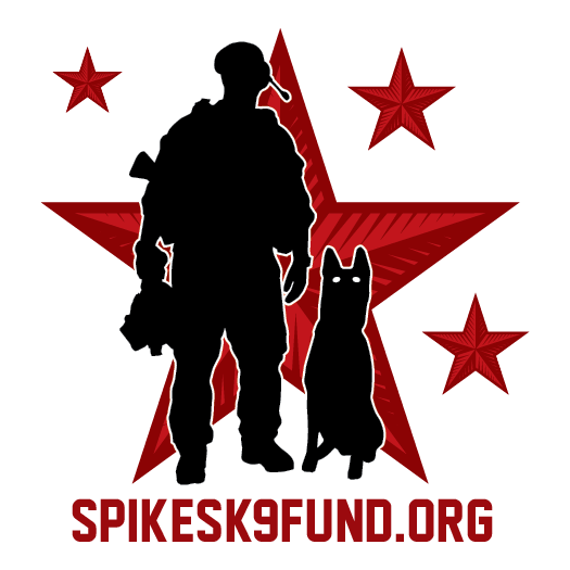 Silhouette of a soldier with a dog, with red stars and a red starburst in the background, and the text 'SPIKESKSFUND.ORG' at the bottom.