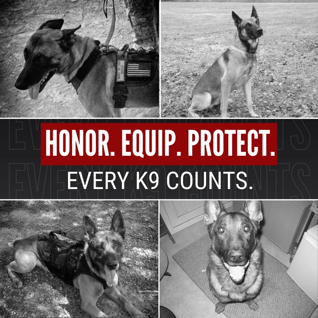 A collage of four black and white images of police or working dogs, with a central red and black banner stating "Honor. Equip. Protect." and "Every K9 Counts."