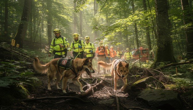 Rescue team with dogs in a forest during a search operation