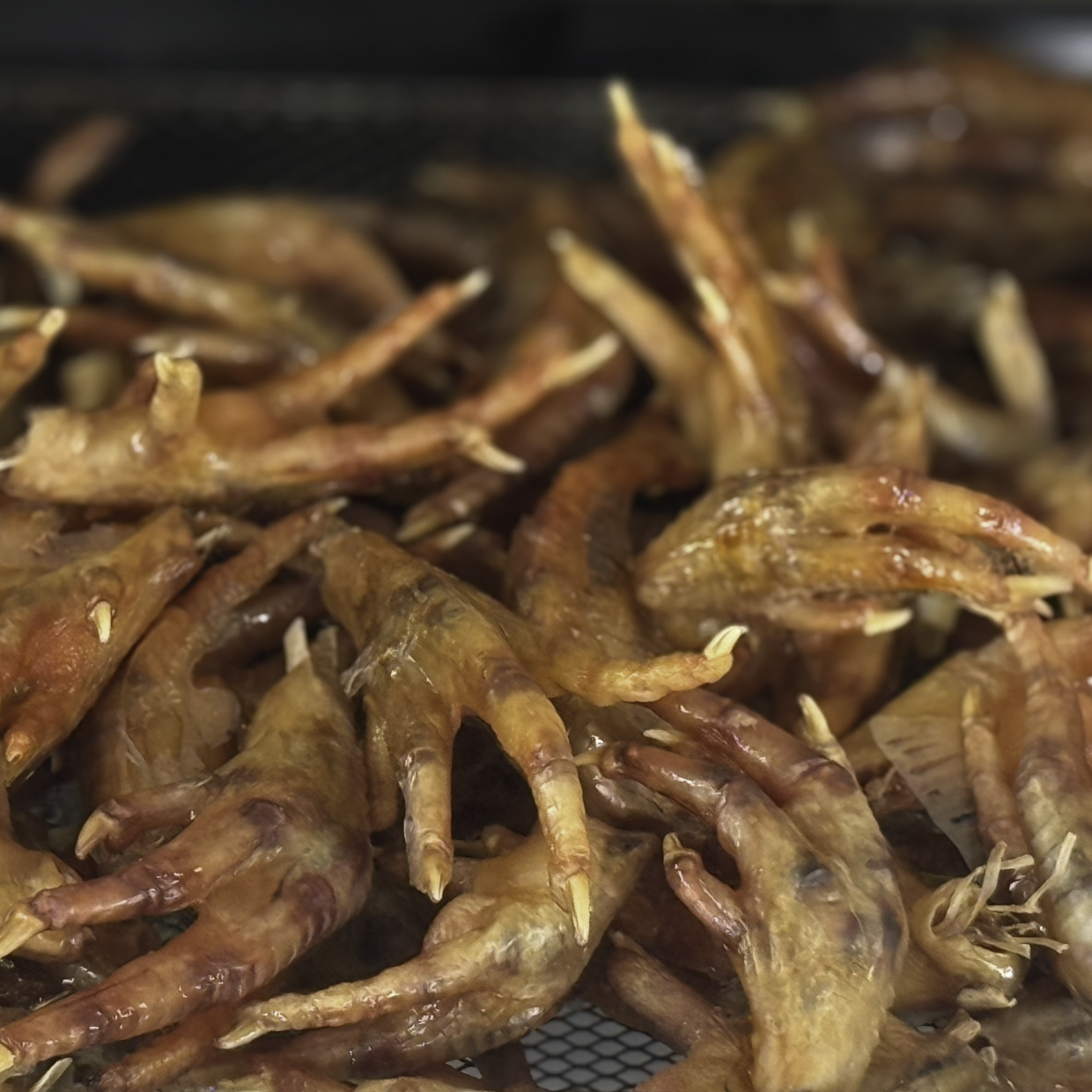 Close-up of dehydrated chicken feet  with crispy skin and claws, placed on a mesh surface.