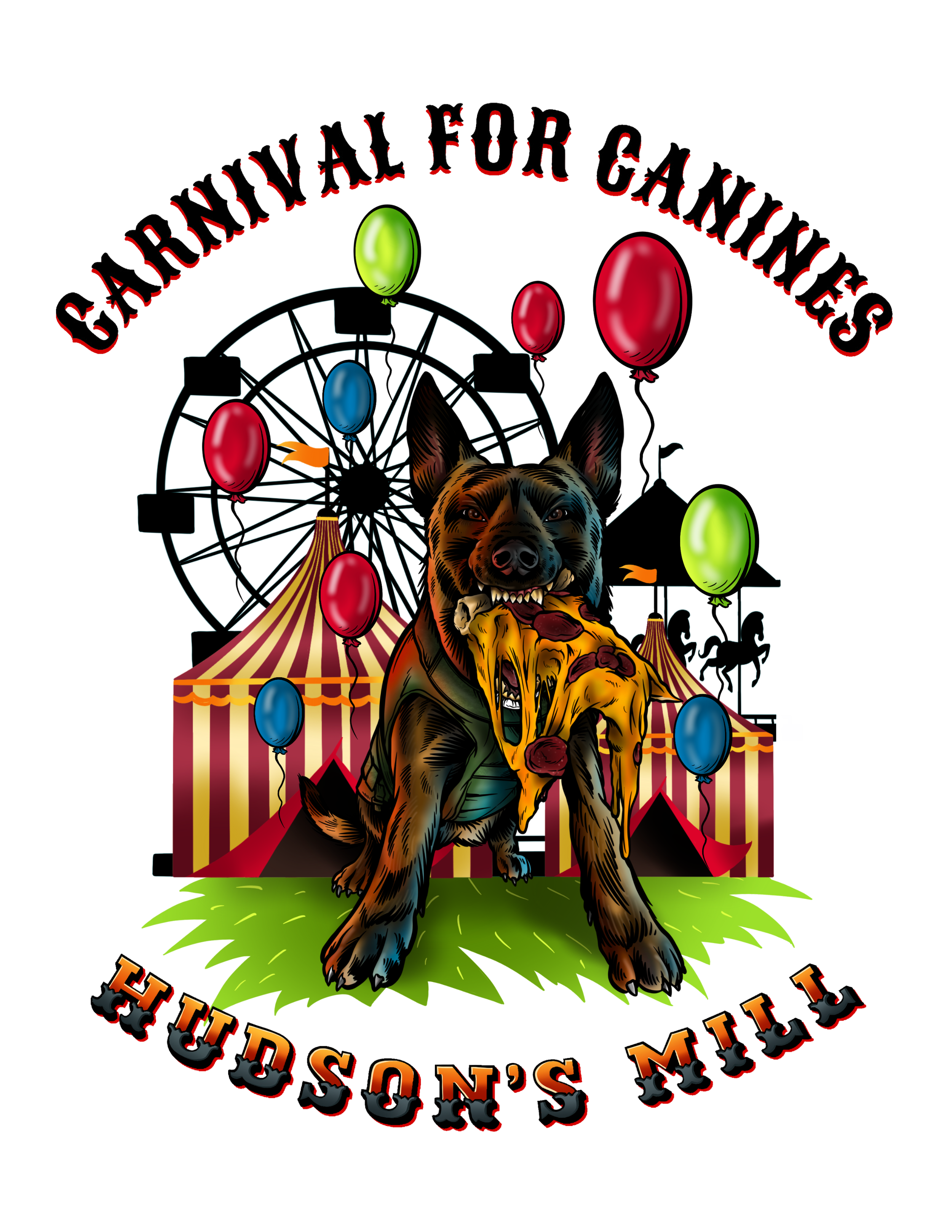 A dog with a fierce expression holding a slice of pizza in its mouth, standing in front of a colorful carnival scene with balloons and a ferris wheel, and a banner reading 'Eidol Sonic's.'