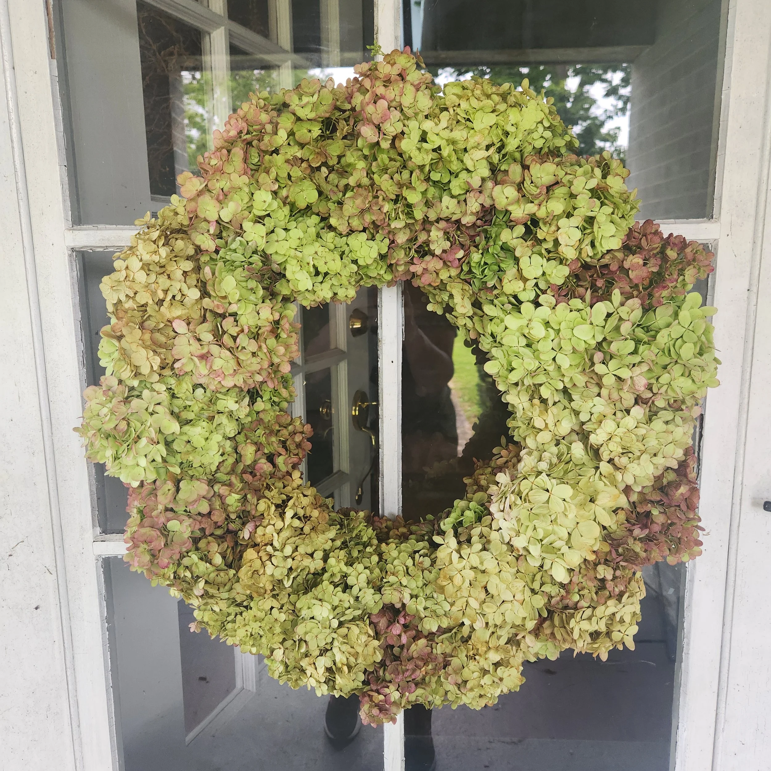 Move into fall with a classic full circle design showcasing the beauty of fresh, antiqued hydrangeas. For indoor use only, the colors will softly fade as the flowers dry over time, adding a delicate, naturally changing texture to your interior home d