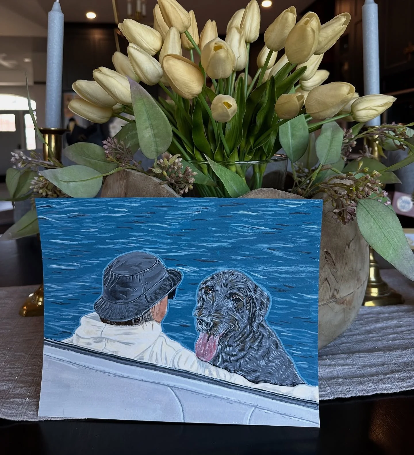 Did you know I can combine photos to make the perfect painting for you? 

This custom piece was a mix of images: the owner &amp; pup looking out into the water on their boat and a separate straight on image of the dog. They wanted to capture a favour