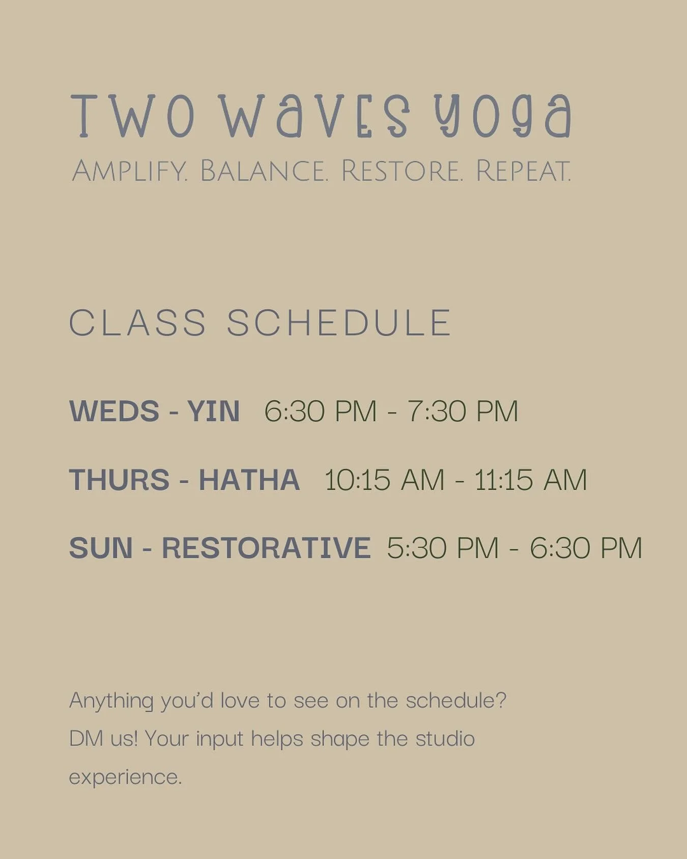 Our current class lineup at Two Waves Yoga 🌊
Anything you&rsquo;d love to see added? Send us a DM &mdash; your input helps shape the studio experience 💫 #TwoWavesYoga #SebastopolYoga #SebastopolCA #SebastopolLife #SebastopolCommunity #SonomaCountyY
