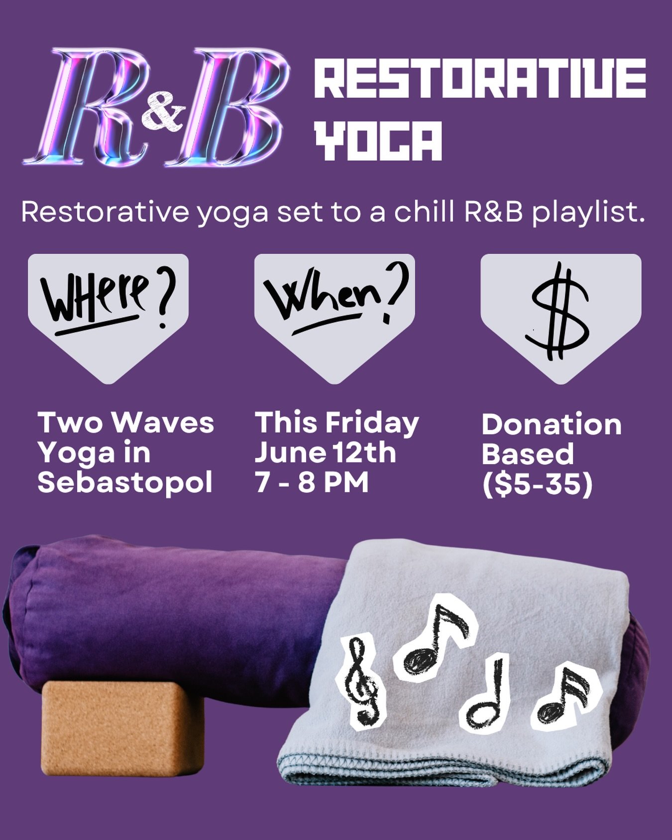 Basically conscious nap time&hellip; set to R&amp;B. 😌🎶💜

Join us Friday, June 12 from 7&ndash;8 PM for an hour of supported shapes, deep rest, and a soulful playlist.

Pay what you can ($5&ndash;35).

Book at twowavesyoga.com or on the Mindbody a
