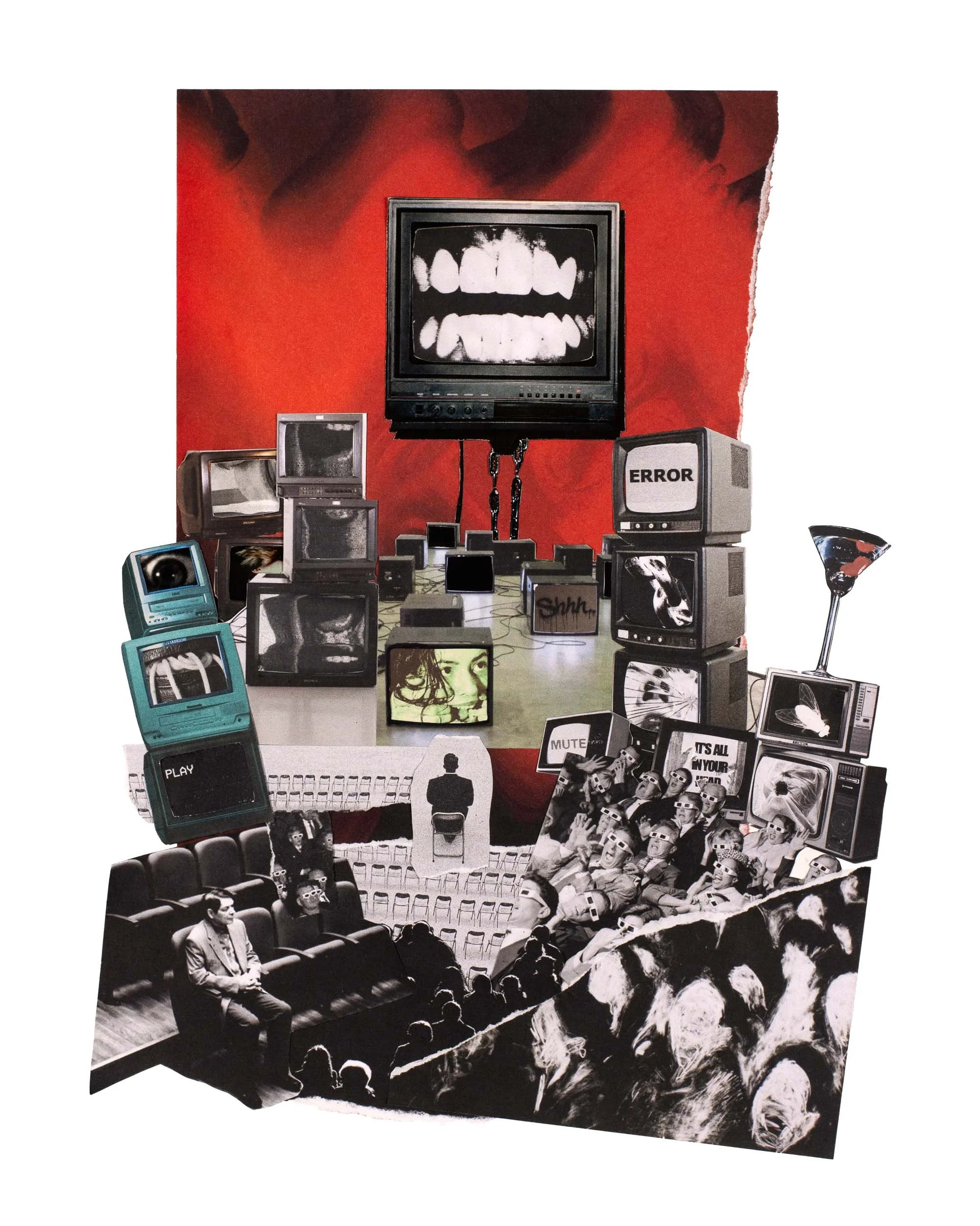 Collage of multiple vintage televisions displaying various images, with large monitors showing a mouth with teeth. The background is red and torn paper overlays parts of the scene, creating a chaotic, artistic composition.