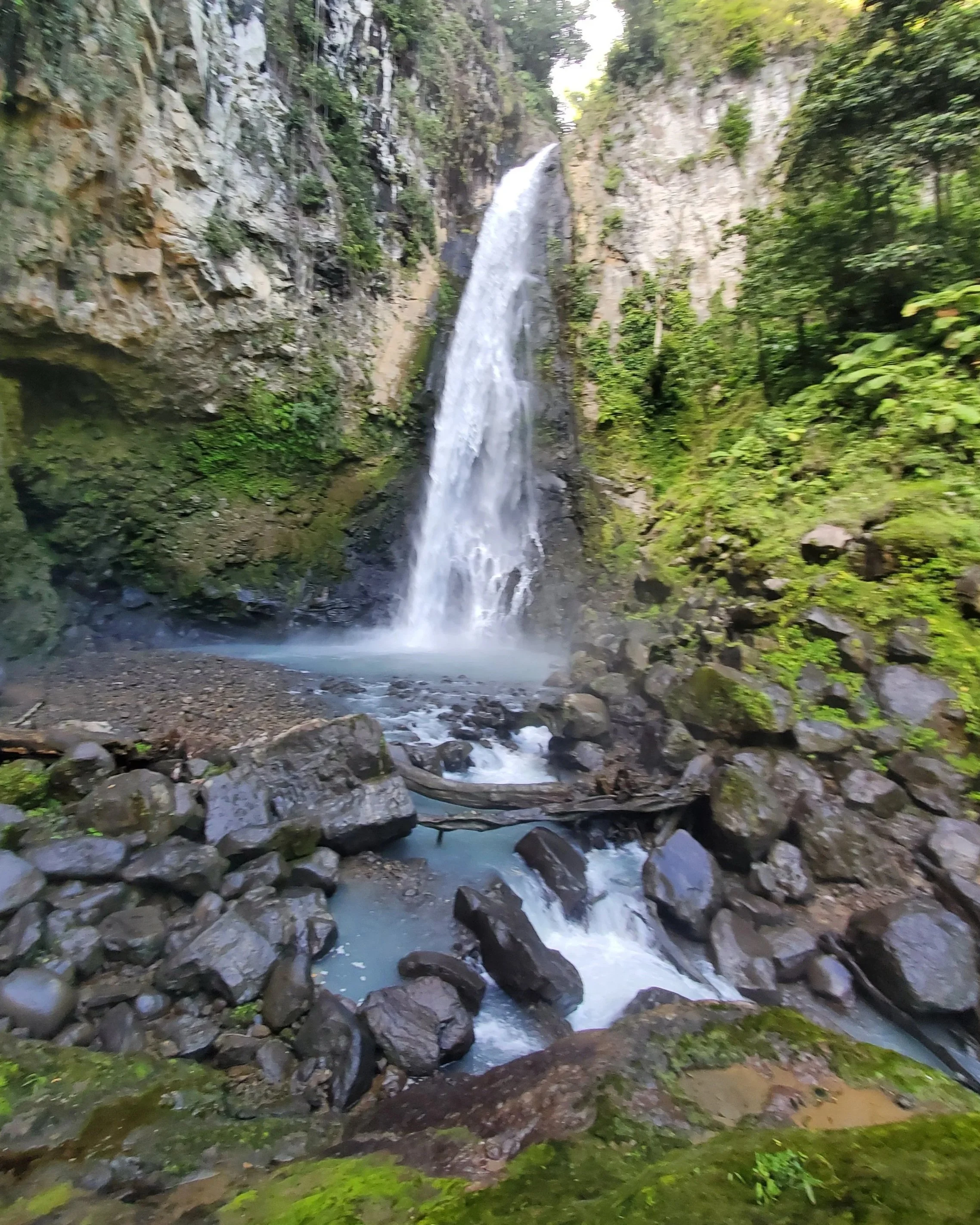 A waterfall flowing down a rocky, moss-covered cliff into a small pool surrounded by rocks and lush green vegetation.