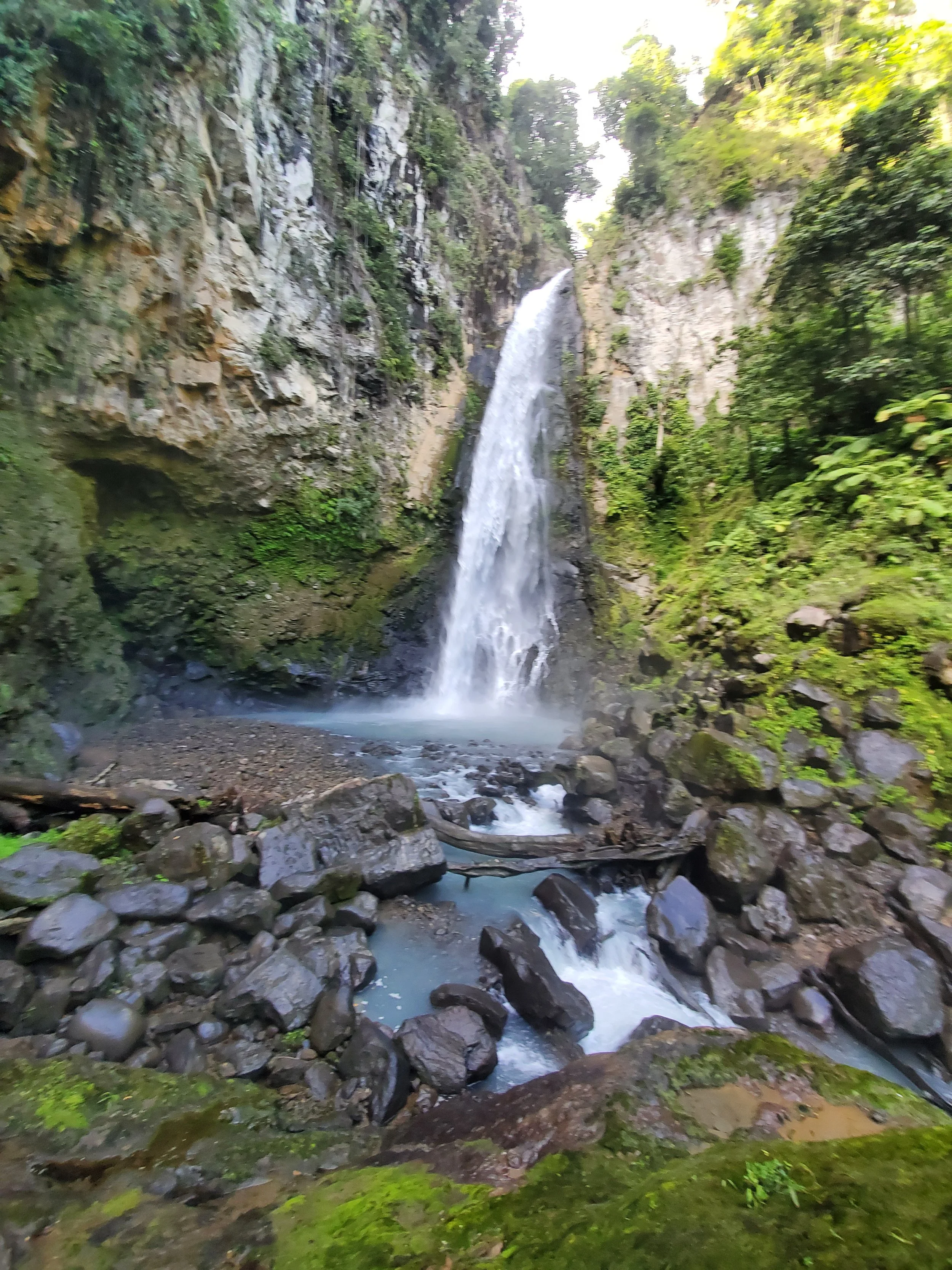 Scenic view of a waterfall cascading down a rocky cliff into a stream surrounded by lush green vegetation.