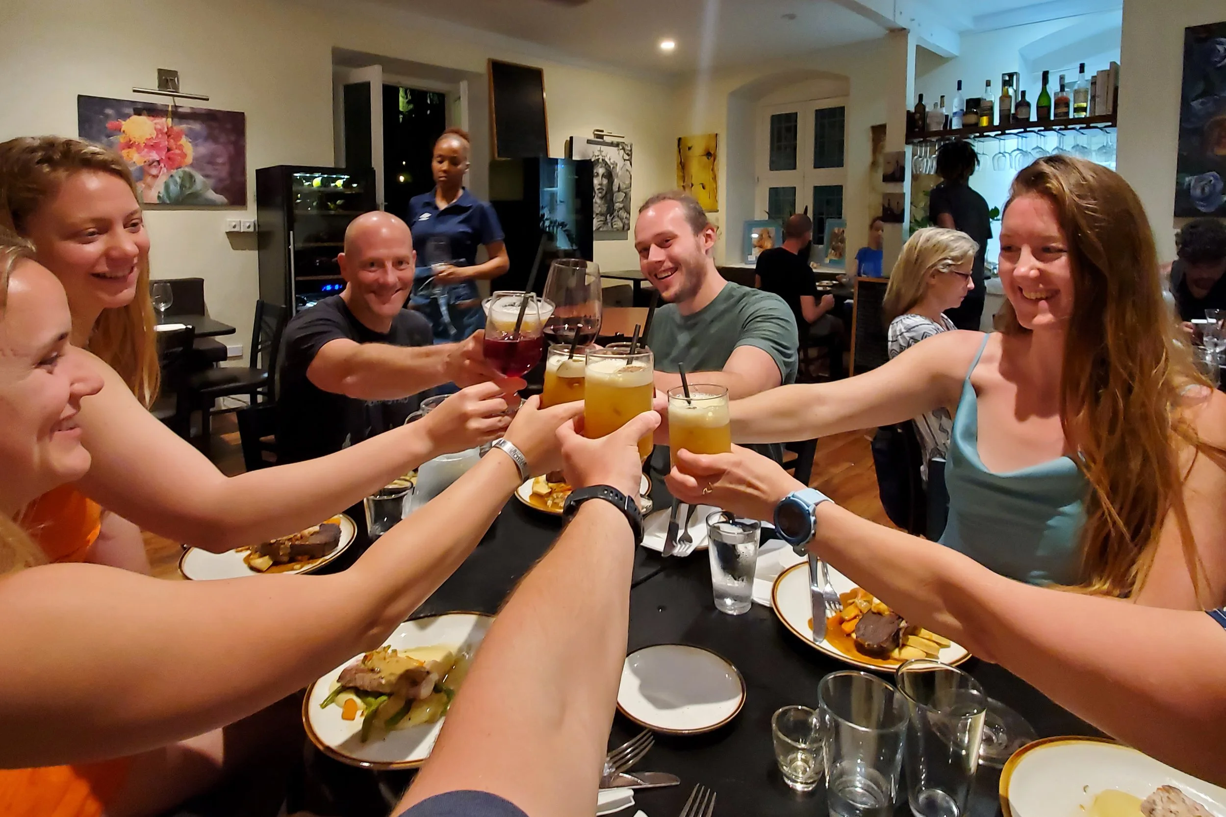 A group of friends raising their glasses in a toast at a dinner party in a cozy restaurant, with plates of food and various drinks on the table.