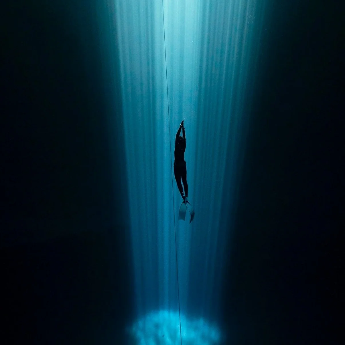 A person in wetsuit and fins underwater, hanging vertically from a line with blue light illuminating the water.