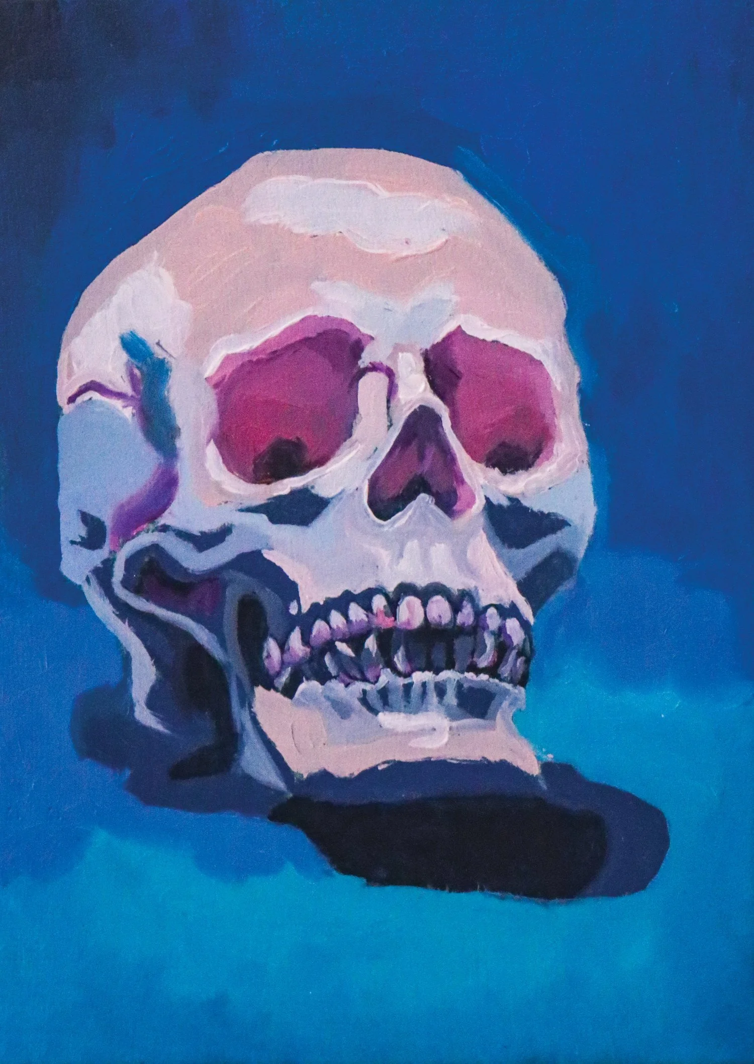 A painting of a human skull with pink and purple shading on a blue background.