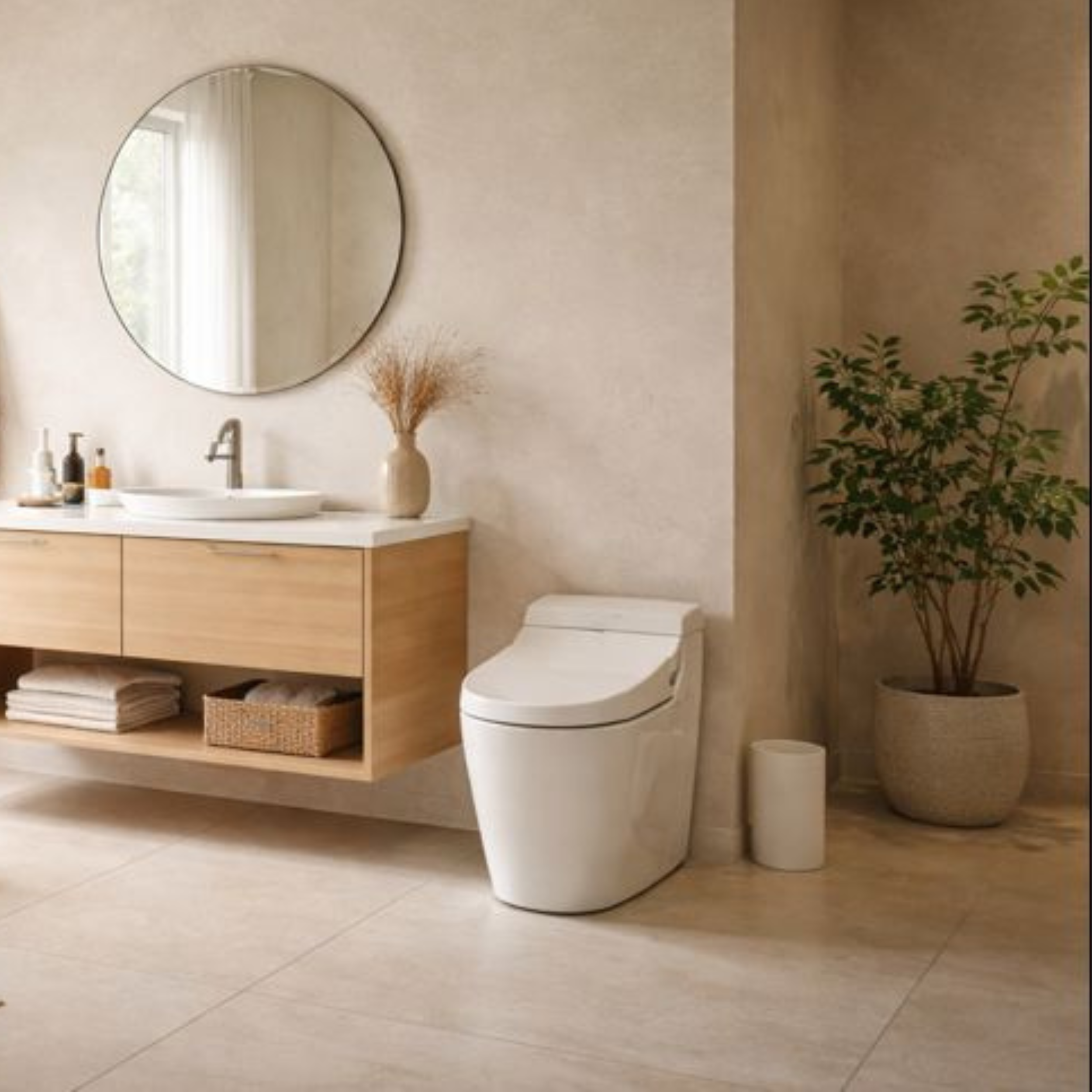 Modern bathroom environment with integrated bidet toilet and minimalist design.