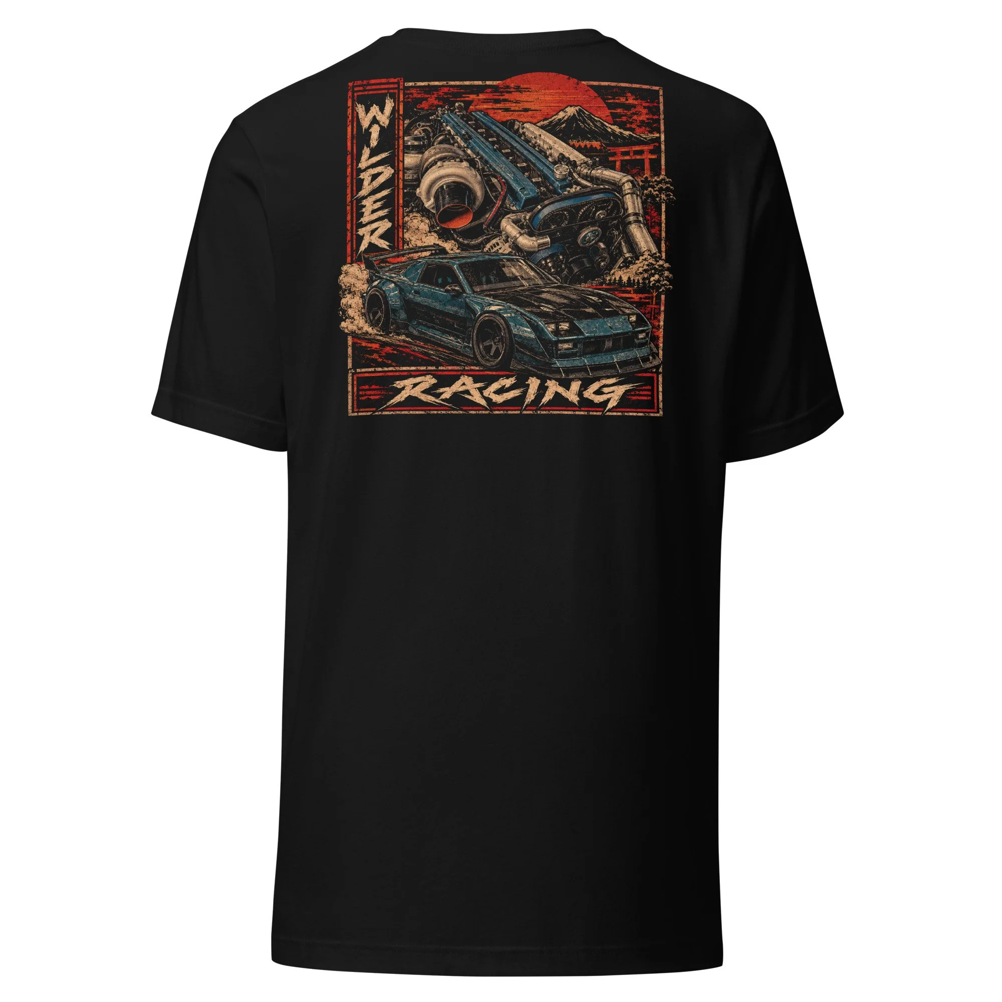 Wilder Racing Camaro Engine T-Shirt, black, back, product only