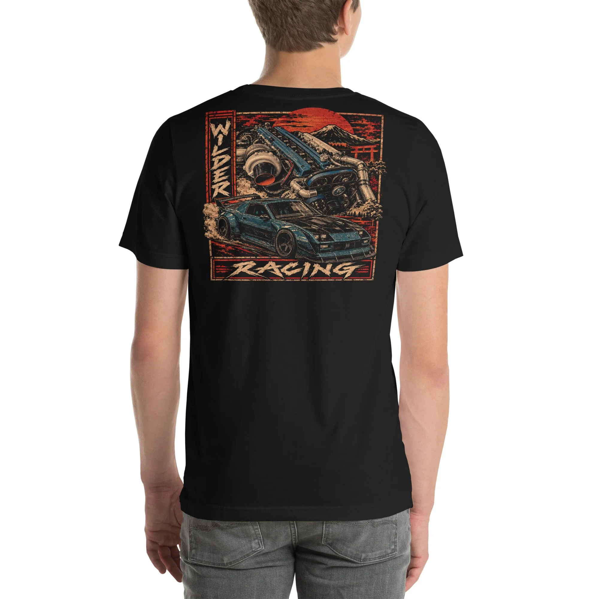 Wilder Racing Camaro Engine T-Shirt, black, back, worn by a model
