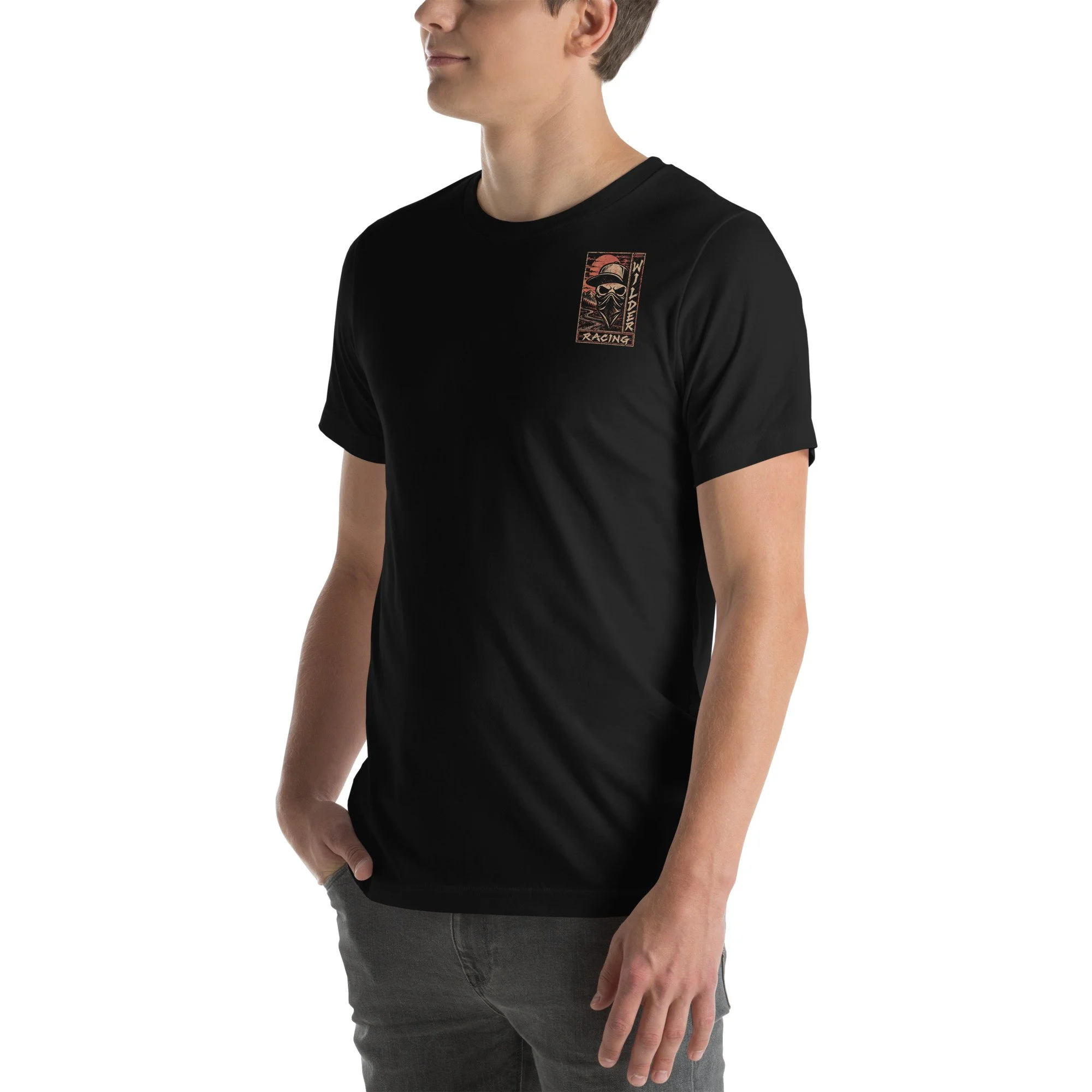 Wilder Racing Camaro Engine T-Shirt, black, front three-quarter, worn by a model