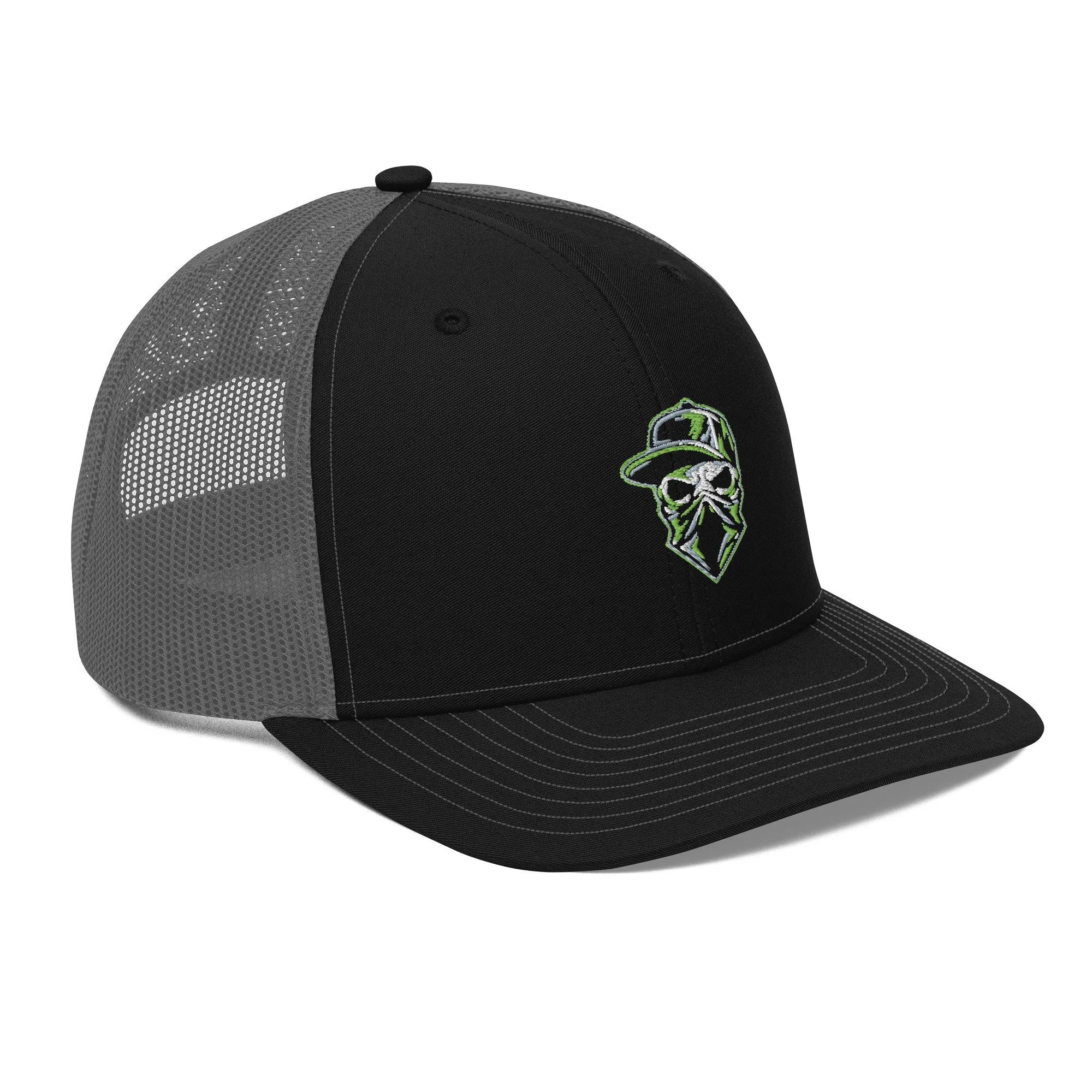 Wilder Racing Skull Richardson 112 Trucker, black and charcoal, left three-quarter front