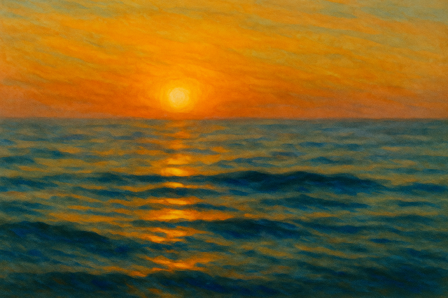 Painterly illustration of a sunset over calm water with golden reflections on the waves. The peaceful scene evokes relaxation, reflection, and emotional well-being.