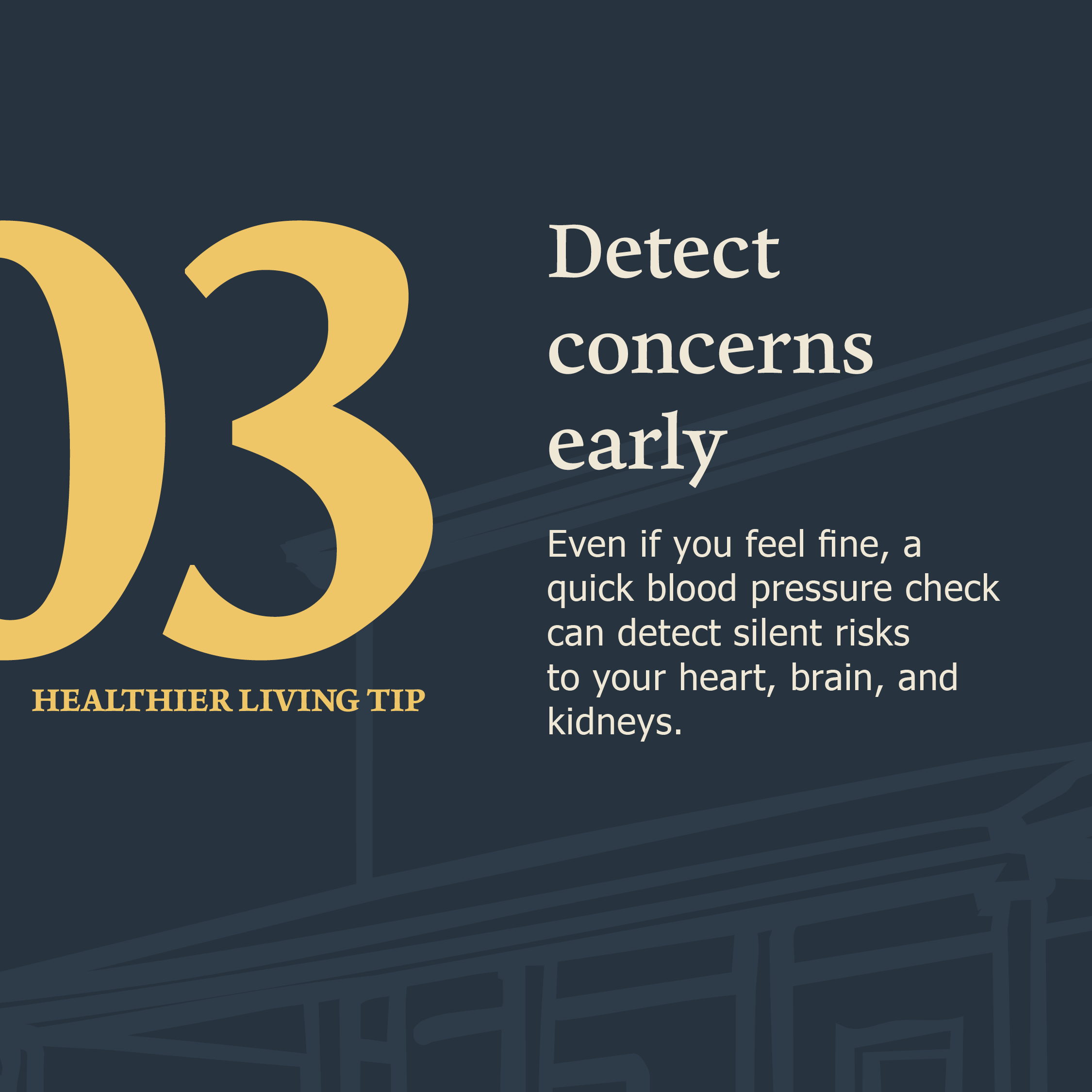 Slide labeled "03 Healthier Living Tip" with the headline "Detect Concerns Early." Text explains that routine screenings, such as blood pressure checks, can help identify health risks before symptoms appear.