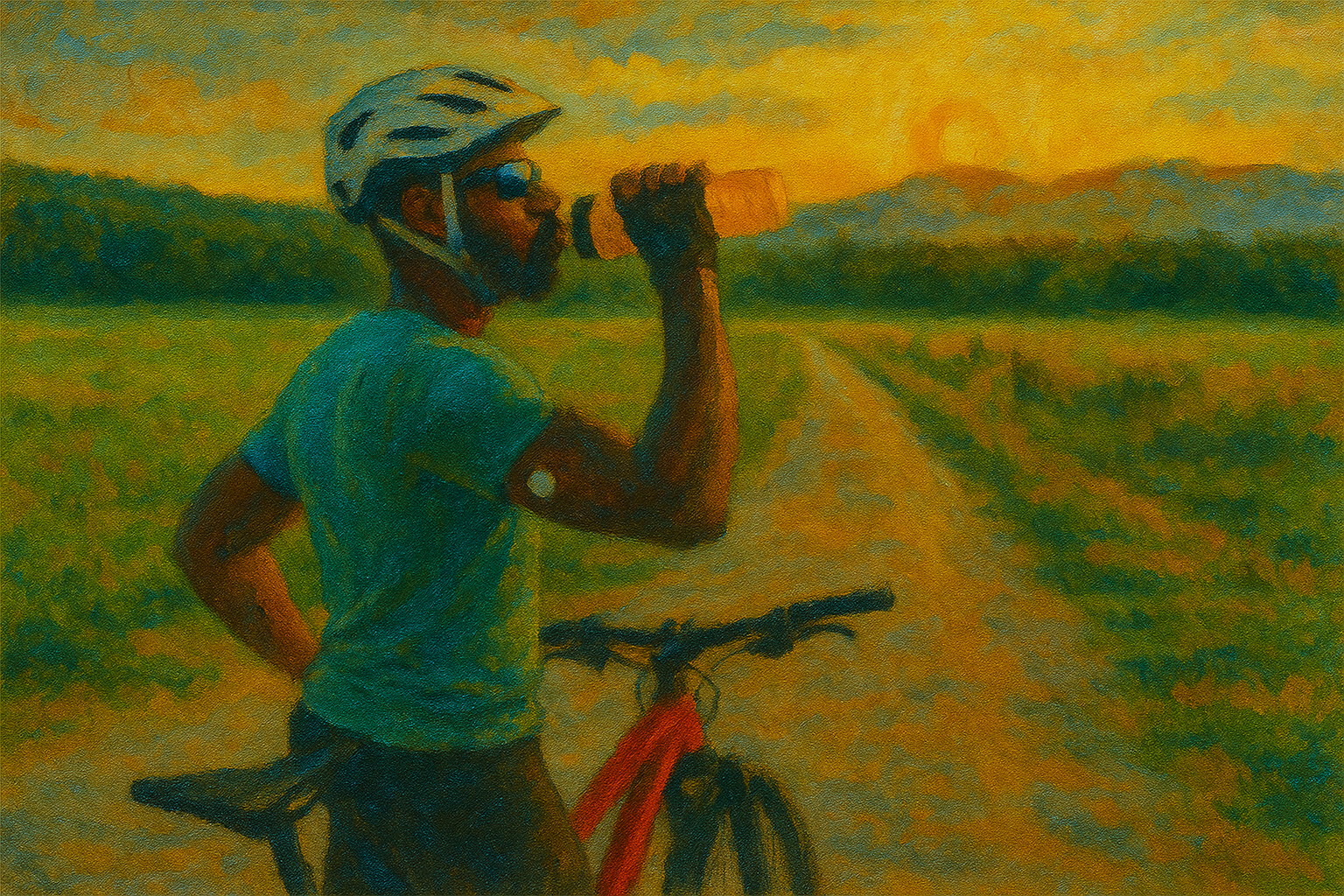 Stylized illustration of a cyclist wearing a helmet and sunglasses, drinking water beside a bicycle on a scenic trail. Warm sunset colors and an open landscape reinforce themes of healthy habits and preventive care.