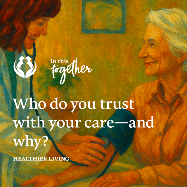 Illustration of a healthcare professional checking a patient's blood pressure during an office visit. The graphic encourages people to think about trust and communication when choosing a healthcare provider.