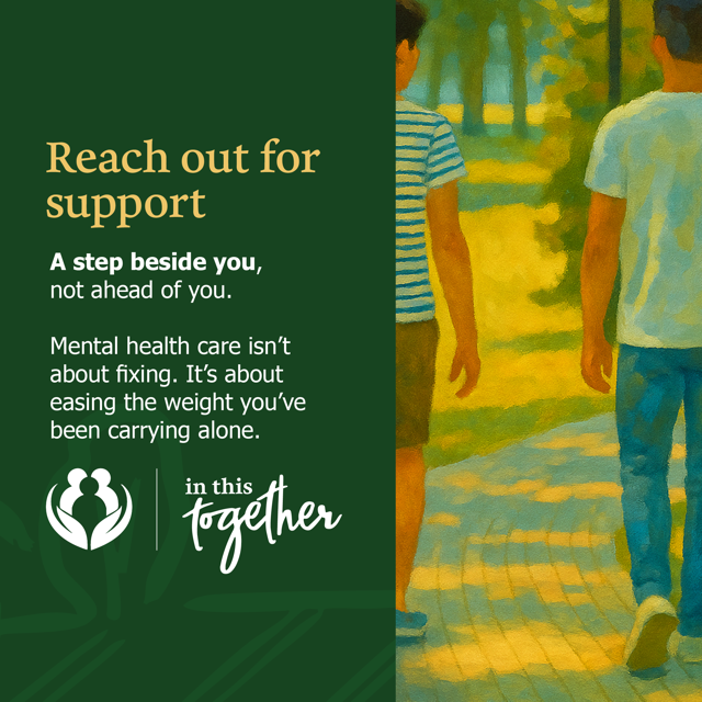 Illustrated image of two people walking together on a path, promoting support and connection for mental well-being.
