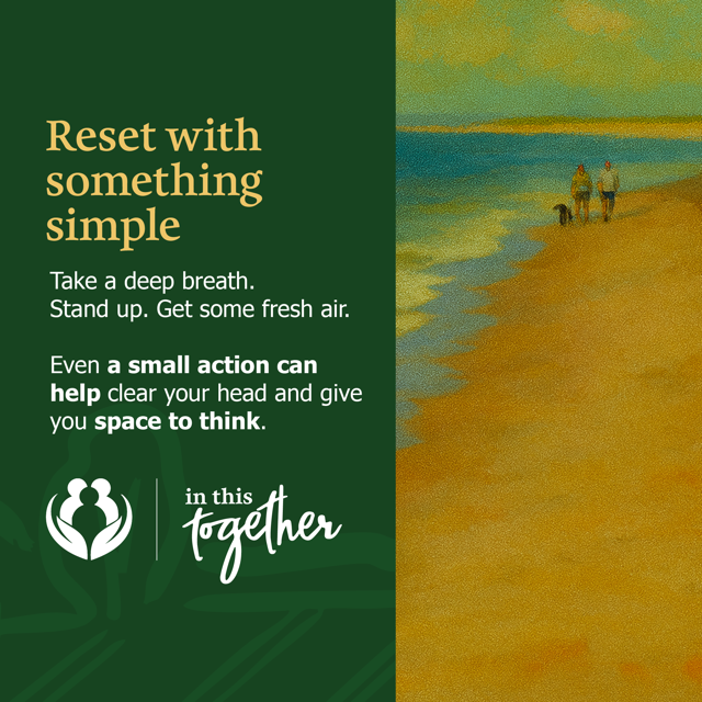 Illustrated beach scene with people walking near the shoreline, highlighting simple actions that can help clear your mind.