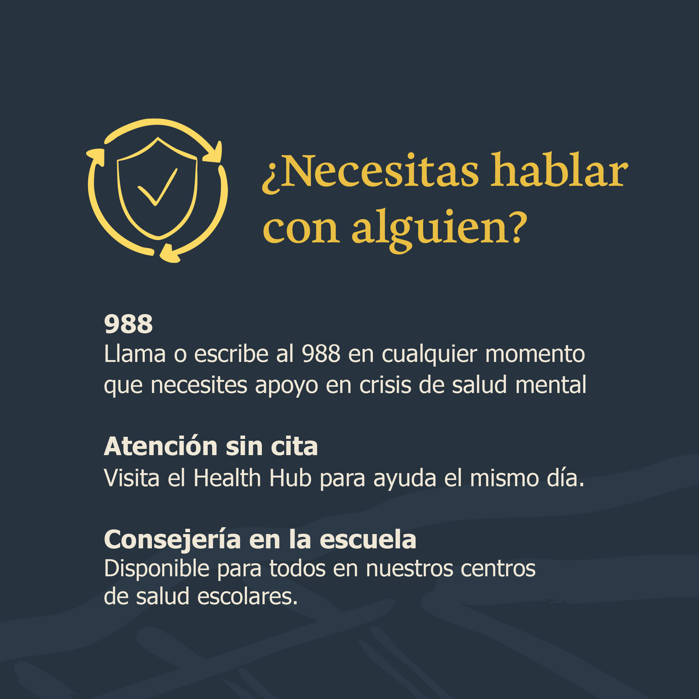Diapositiva con recursos de apoyo que incluye la línea 988, atención sin cita en el Health Hub y consejería disponible en centros de salud escolares.