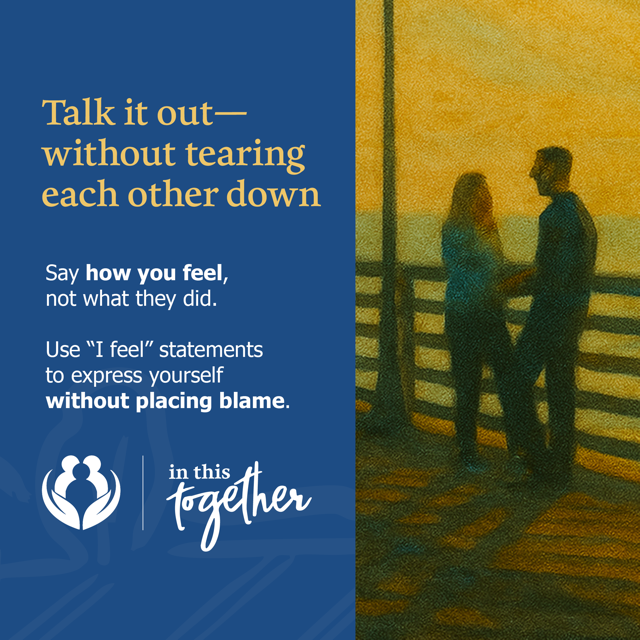 Illustration of two young people talking near a waterfront at sunset with text about using “I feel” statements.