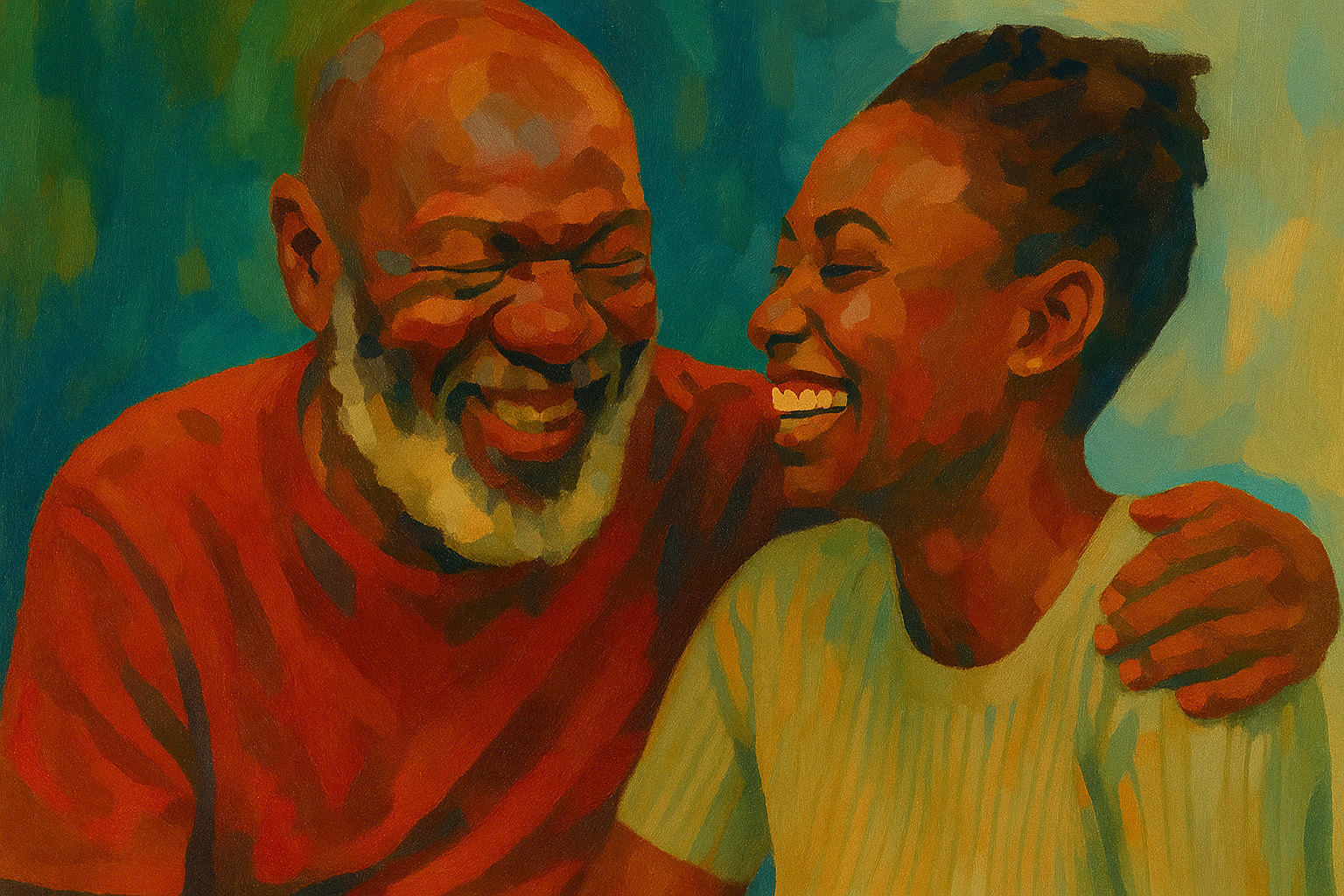 Warm illustration of a smiling older couple laughing together, representing wellness, connection, and healthy aging.