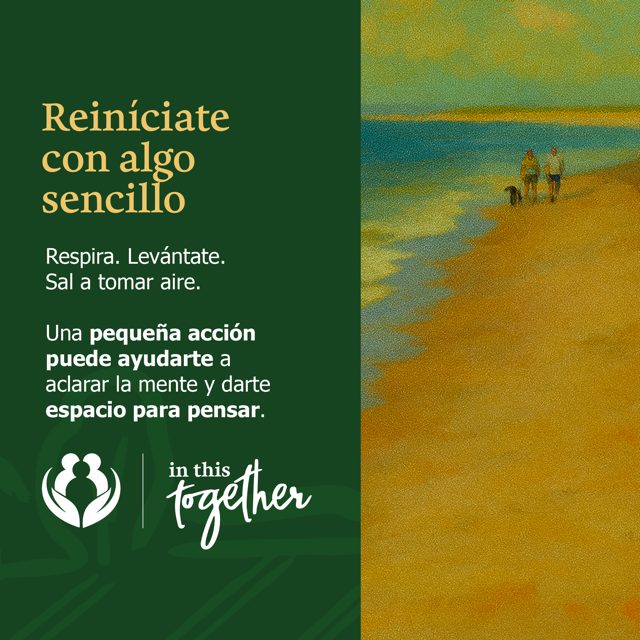 Ilustración de una playa con personas caminando junto al agua, destacando pequeñas acciones que pueden ayudarte a despejar la mente.