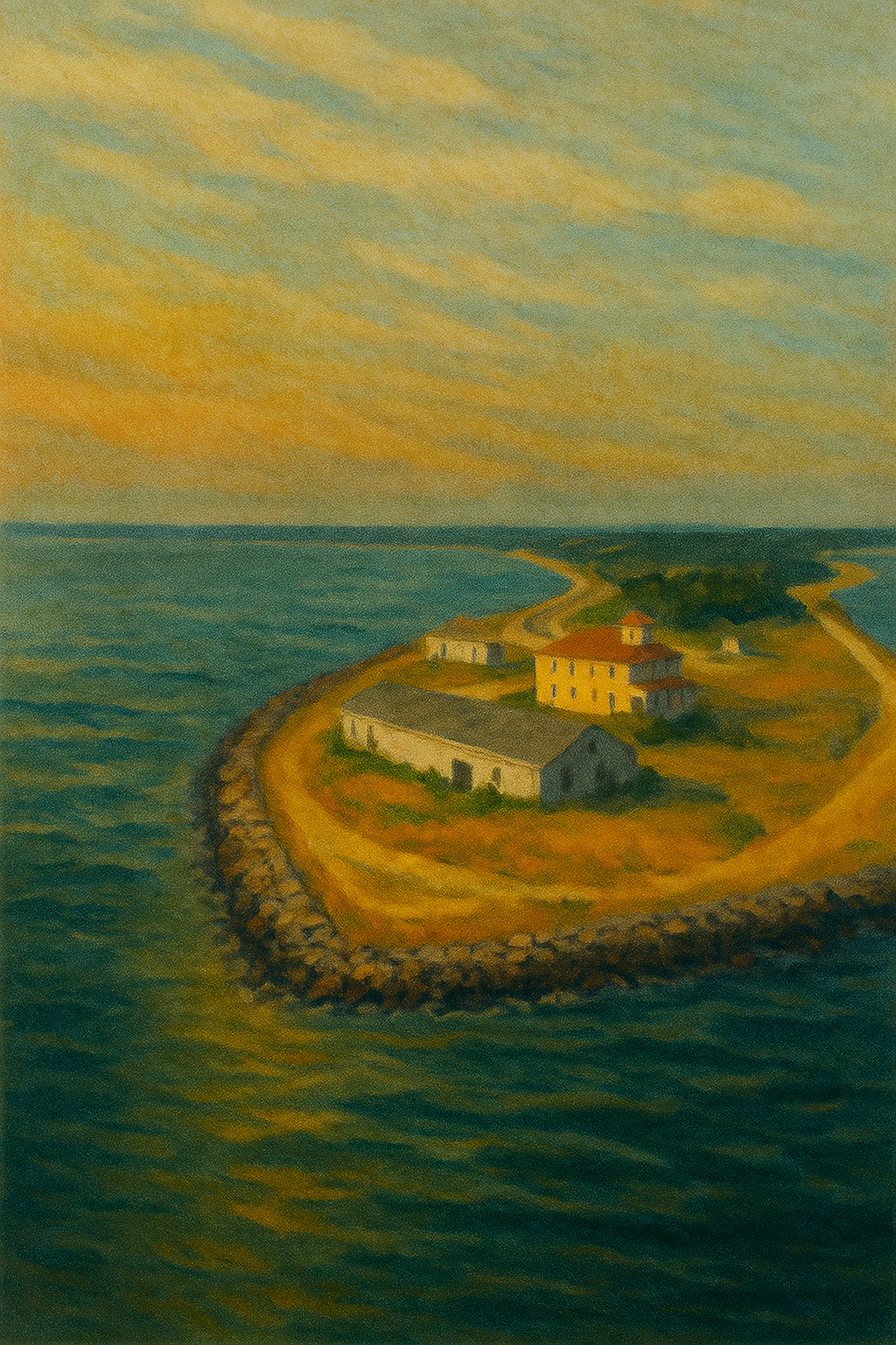 Painting-style view of Point Lookout in St. Mary's County, featuring historic buildings along the waterfront.