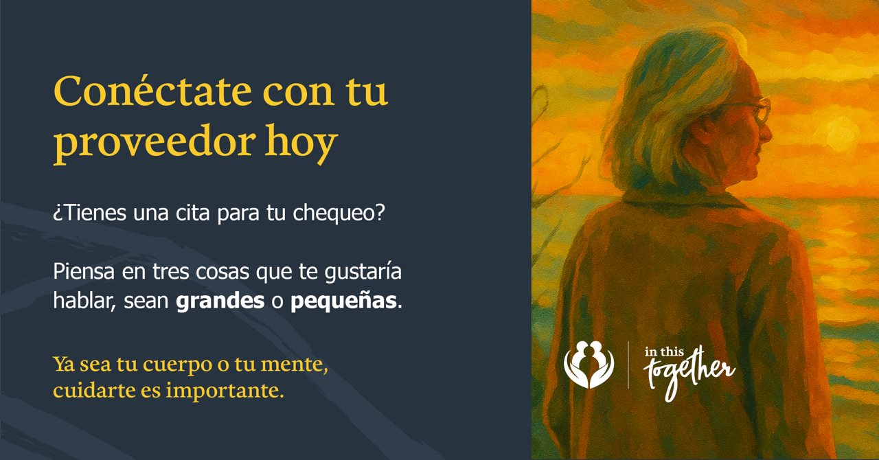 Gráfico de atención preventiva que muestra a una persona mayor junto al agua al atardecer, con un mensaje que anima a preparar preguntas para una próxima cita médica.
