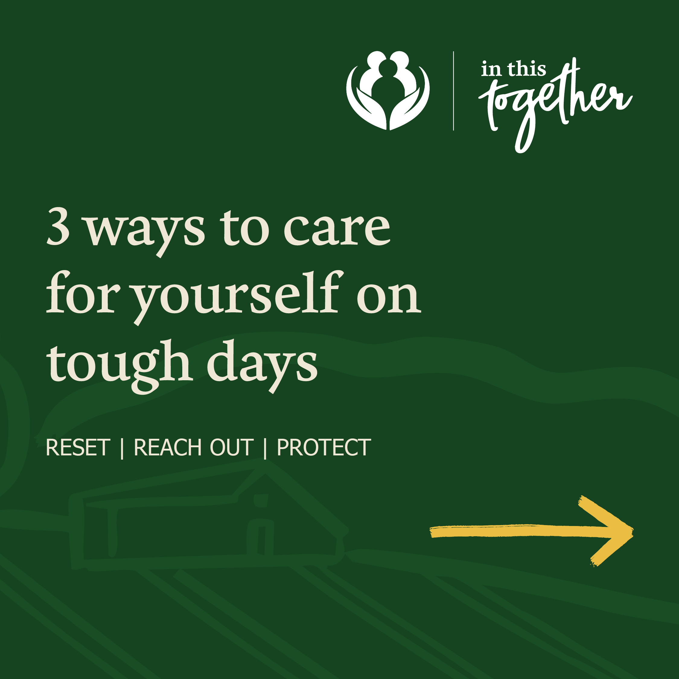 Cover slide for the In This Together campaign. Text reads: “3 ways to care for yourself on tough days” with the themes Reset, Reach Out, and Protect. Decorative arrow indicates swipe.