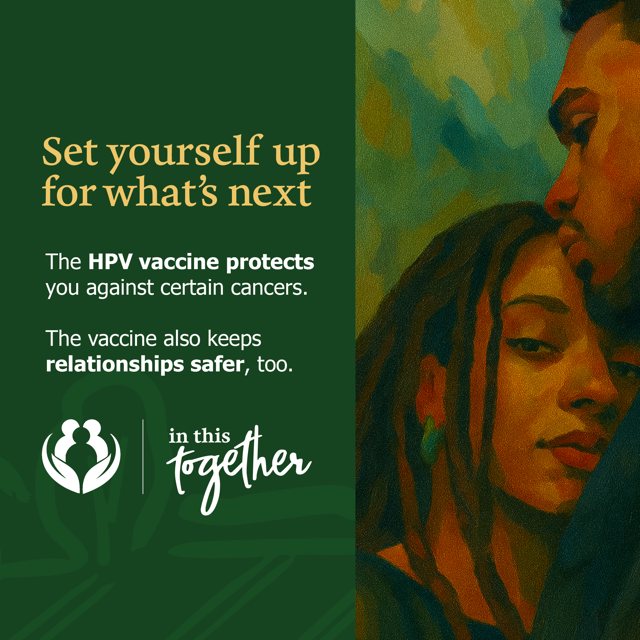 Illustration of two young people standing close together with text about the HPV vaccine and future health.