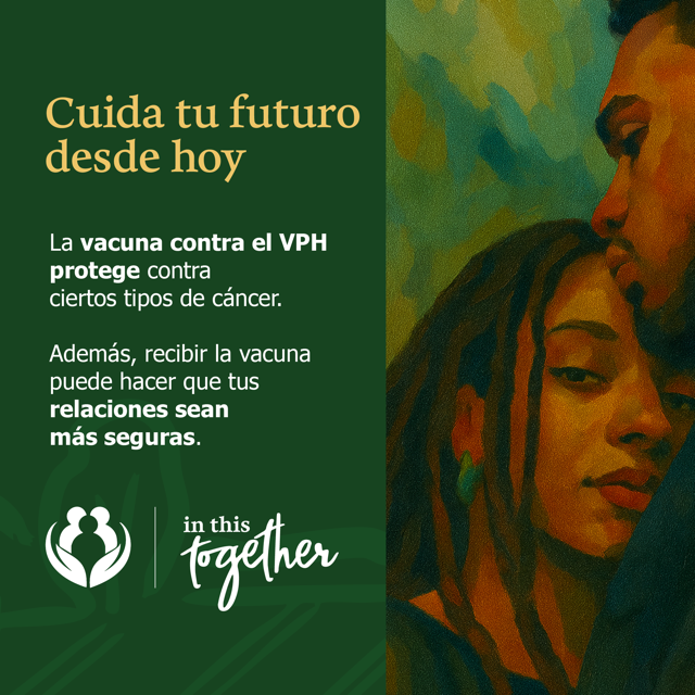 Ilustración de dos jóvenes juntos con texto sobre la vacuna contra el VPH y la salud futura.