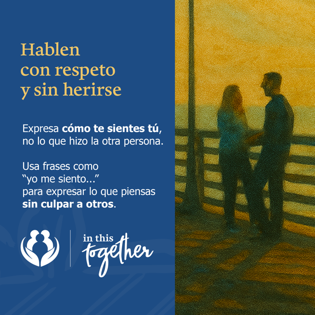 Ilustración de dos personas conversando cerca del agua al atardecer. El texto anima a expresar cómo te sientes sin culpar a otras personas.