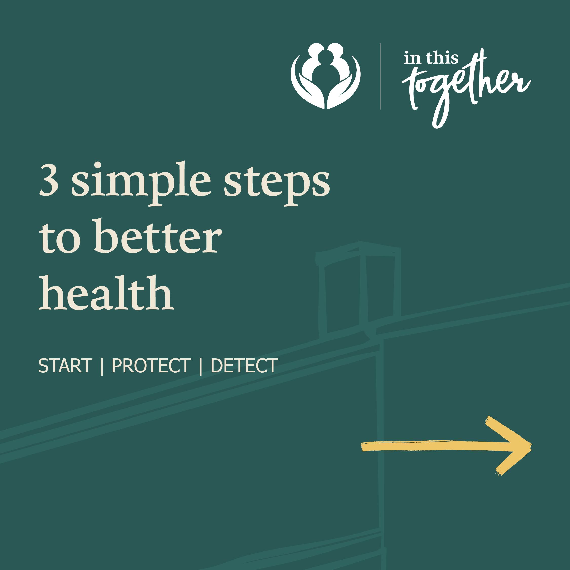 Cover graphic titled "3 Simple Steps to Better Health." The graphic introduces three health tips: Start, Protect, and Detect, with In This Together campaign branding and an arrow indicating the next slide.