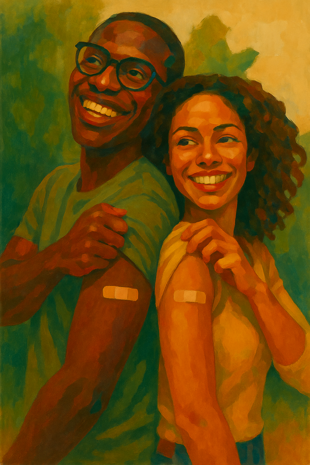 Smiling young people with bandages on their upper arms, suggesting recent vaccinations, shown beside the Youth Health Instagram and WhatsApp graphics package details.