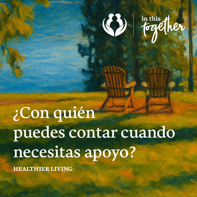 Ilustración de un espacio al aire libre con dos sillas vacías y texto que anima a pensar en quién puede brindar apoyo.