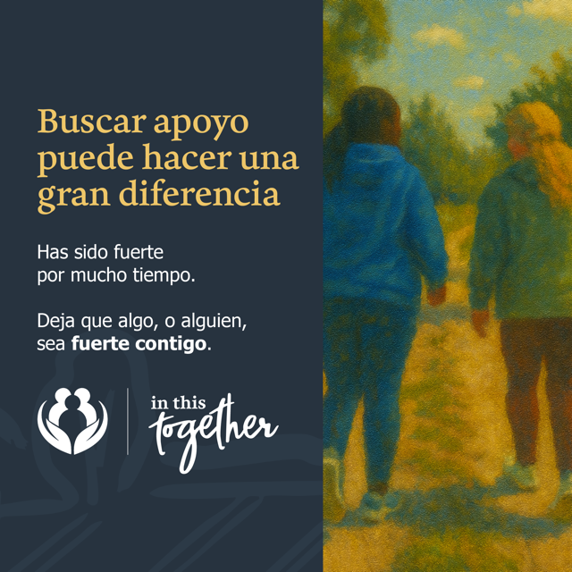 Ilustración de dos personas caminando lado a lado al aire libre, fomentando la búsqueda de apoyo.
