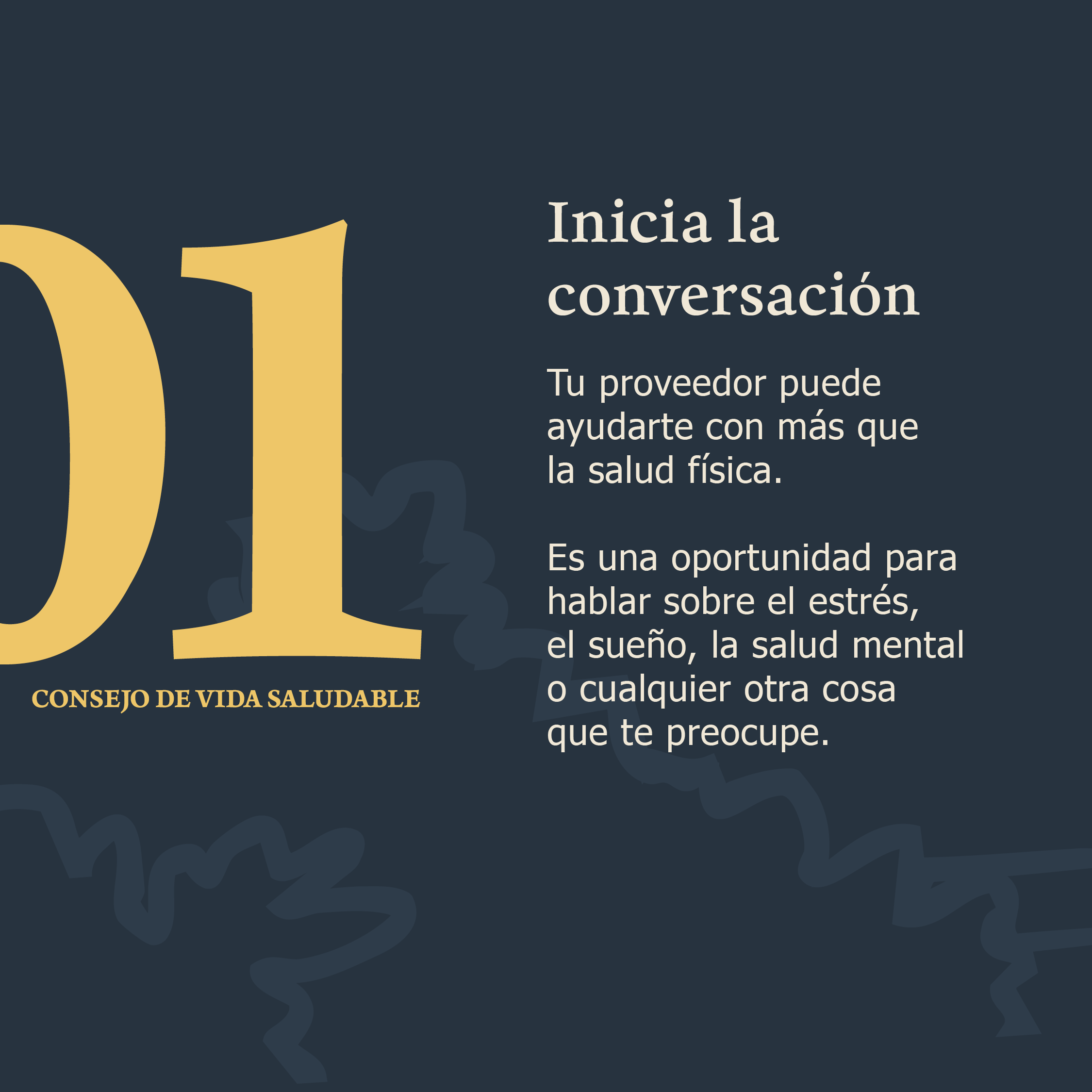 Gráfico que anima a iniciar la conversación con un proveedor de atención médica sobre la salud física, el estrés, el sueño y la salud mental.
